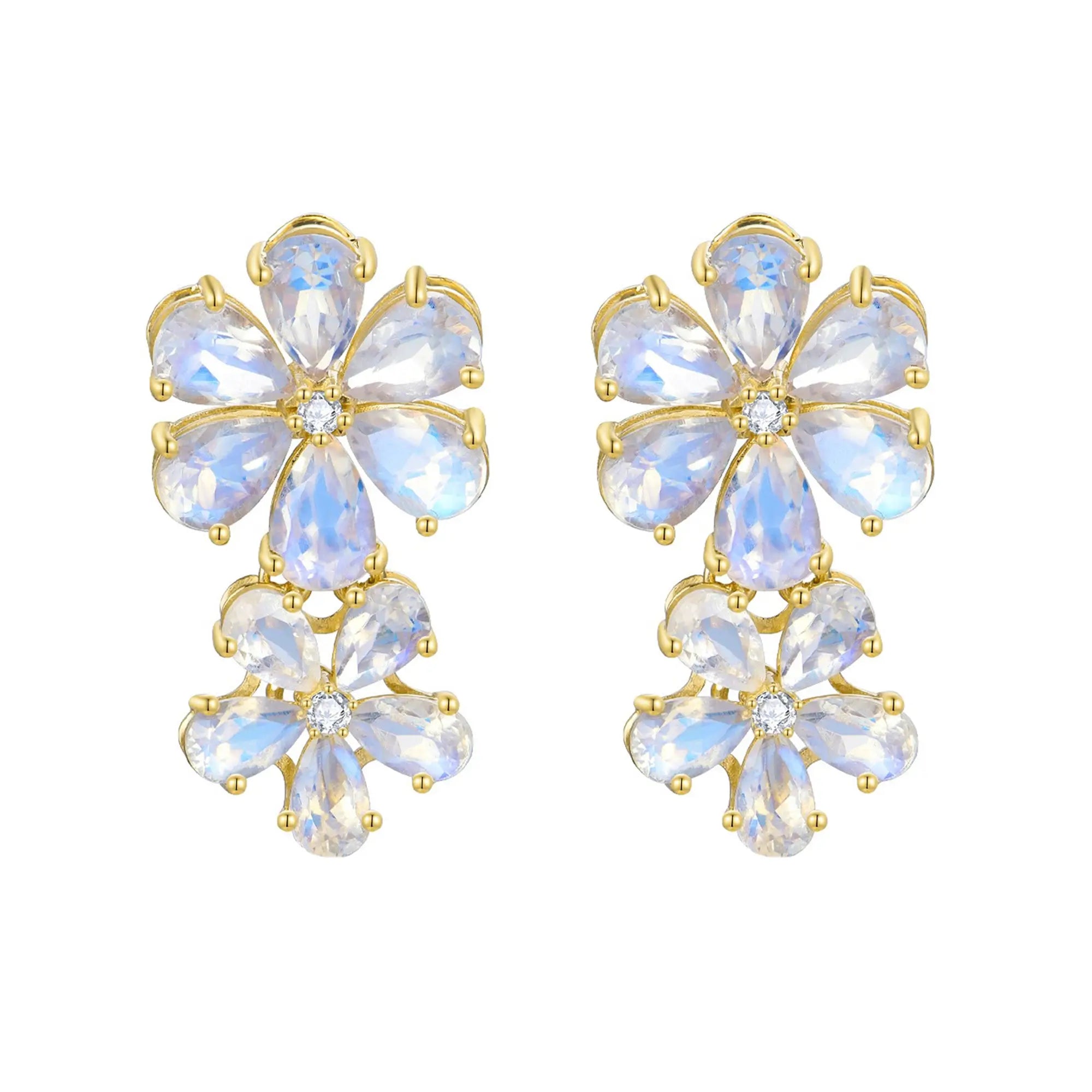 Nina Zhou x Kai 14k Gold Nautral Moonstone & Diamond Double Blossom Drop Earrings