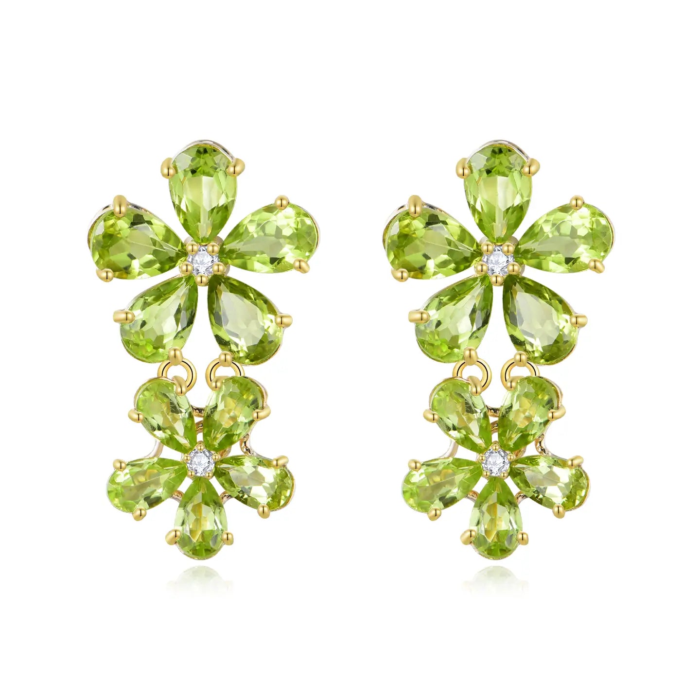 Nina Zhou x Kai Natural Peridot Diamond Double Blossom Drop Earrings in 14k gold