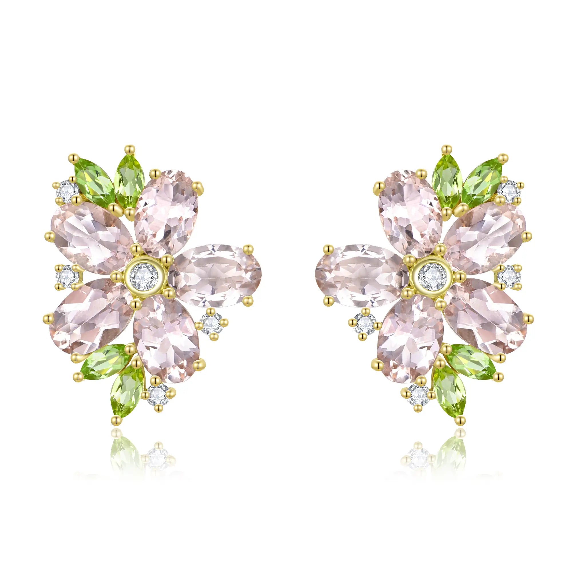 Nina Zhou x Kai Natural Morganite Peridot Diamond Blossom Earrings in 14k Gold