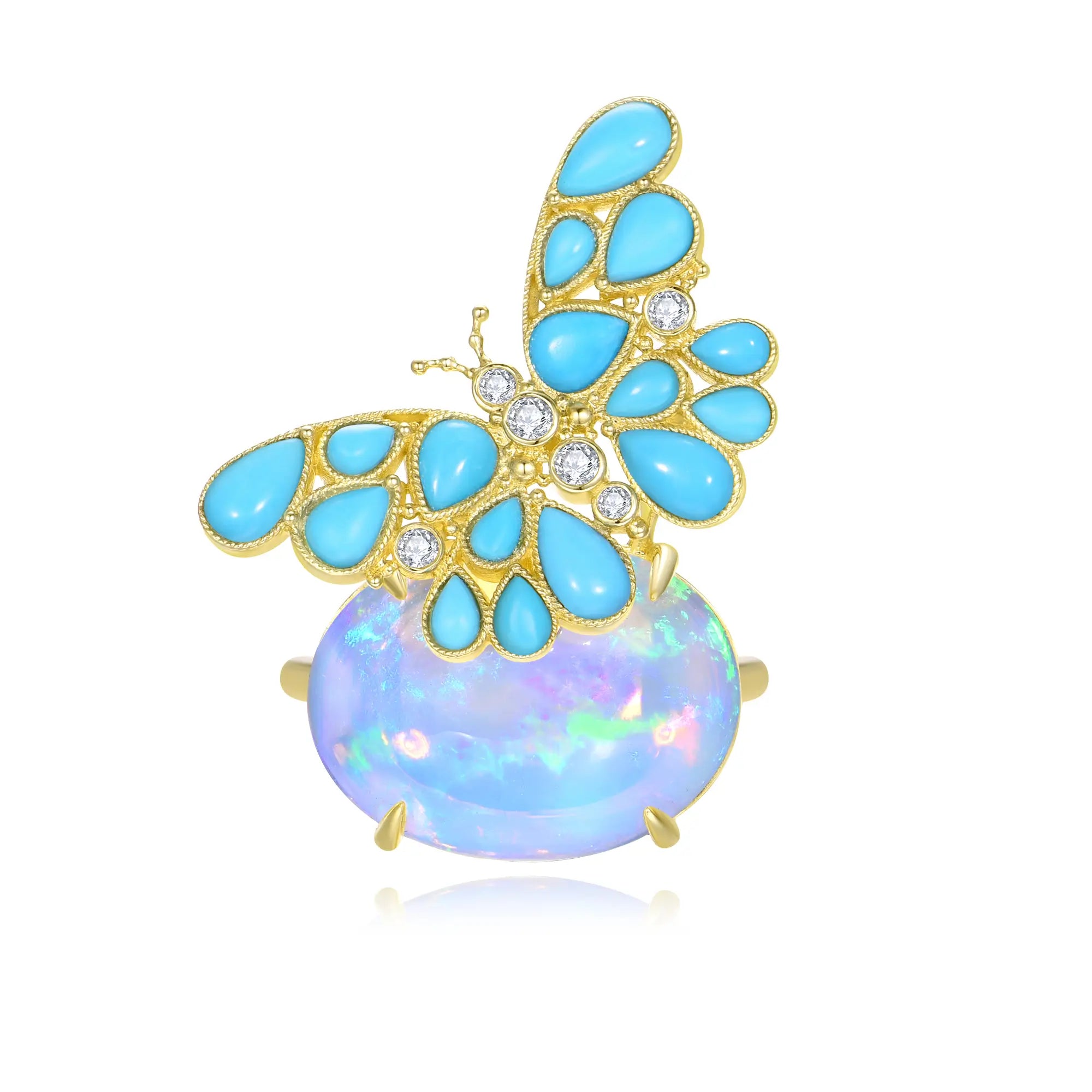 14k gold Nina Zhou x Kai Natural Turquoise Diamond Butterfly on Opal Ring (One-of-a-Kind)