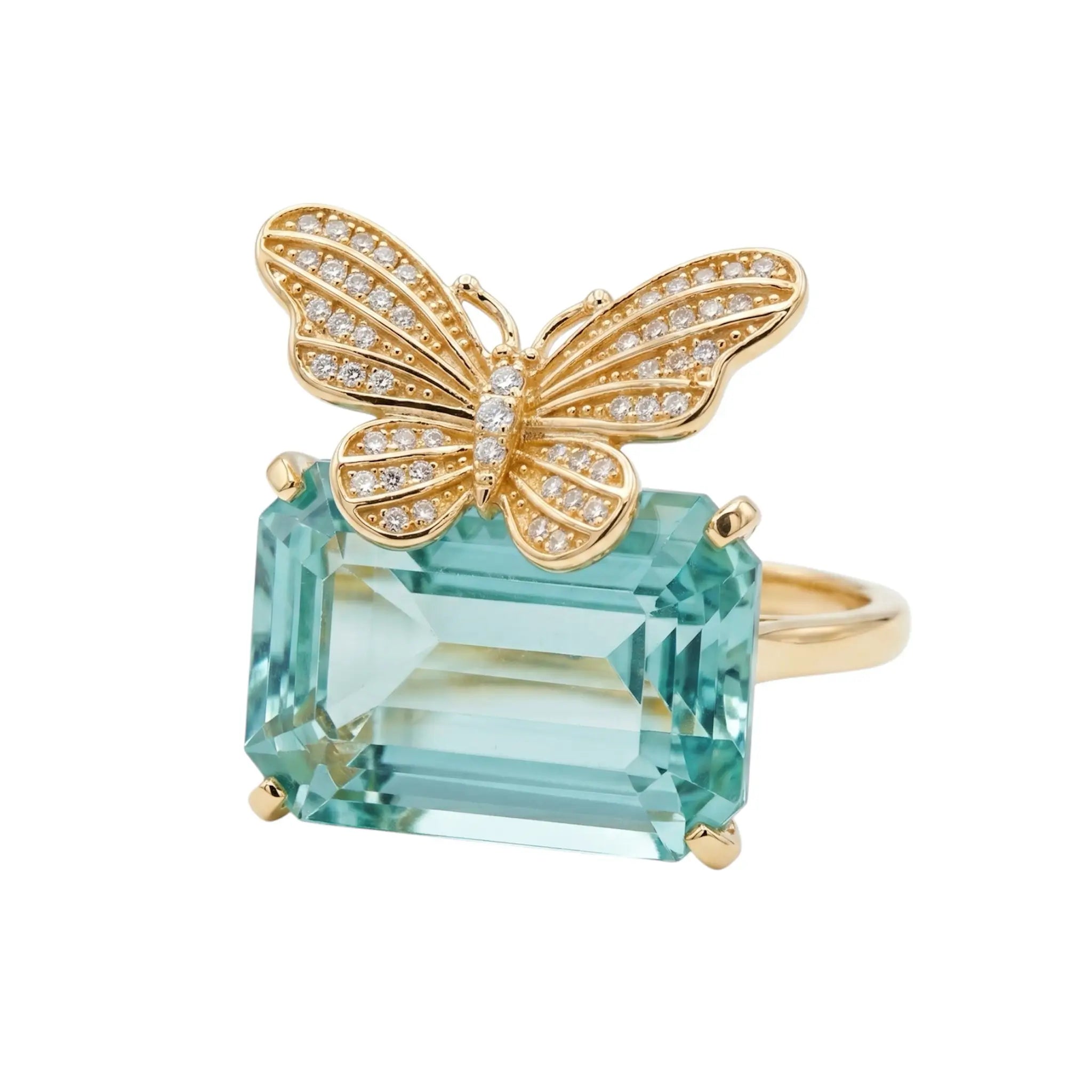 Nina Zhou x Kai Natural Diamond Butterfly on 10.70ct Aquamarine Ring in 14k yellow gold (One-of-a-Kind)