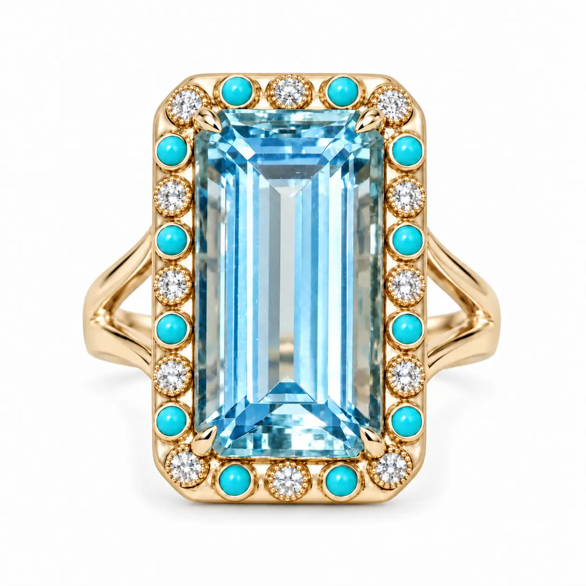 14k yellow gold Nina Zhou x Kai Tidal Laguna 7.62 ctw Guild Certified Natural Aquamarine, Turquoise & Diamond Ring (One-of-a-Kind)