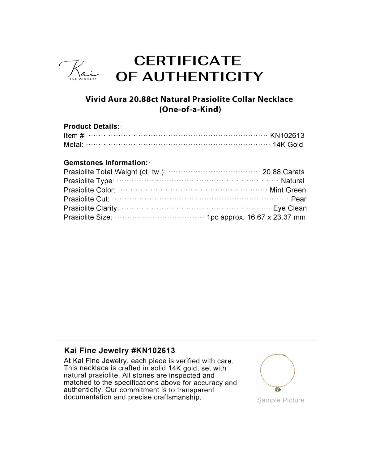 certificate of 14k yellow gold Vivid Aura 20.88ct Natural Prasiolite Collar Necklace (One-of-a-Kind)
