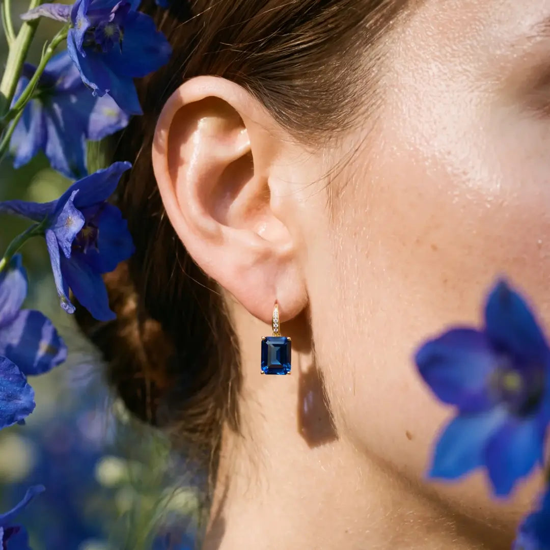 Radiant Emerald-Cut 8.25ctw Lab-Grown Sapphire Diamond Drop Earrings in 14k gold 