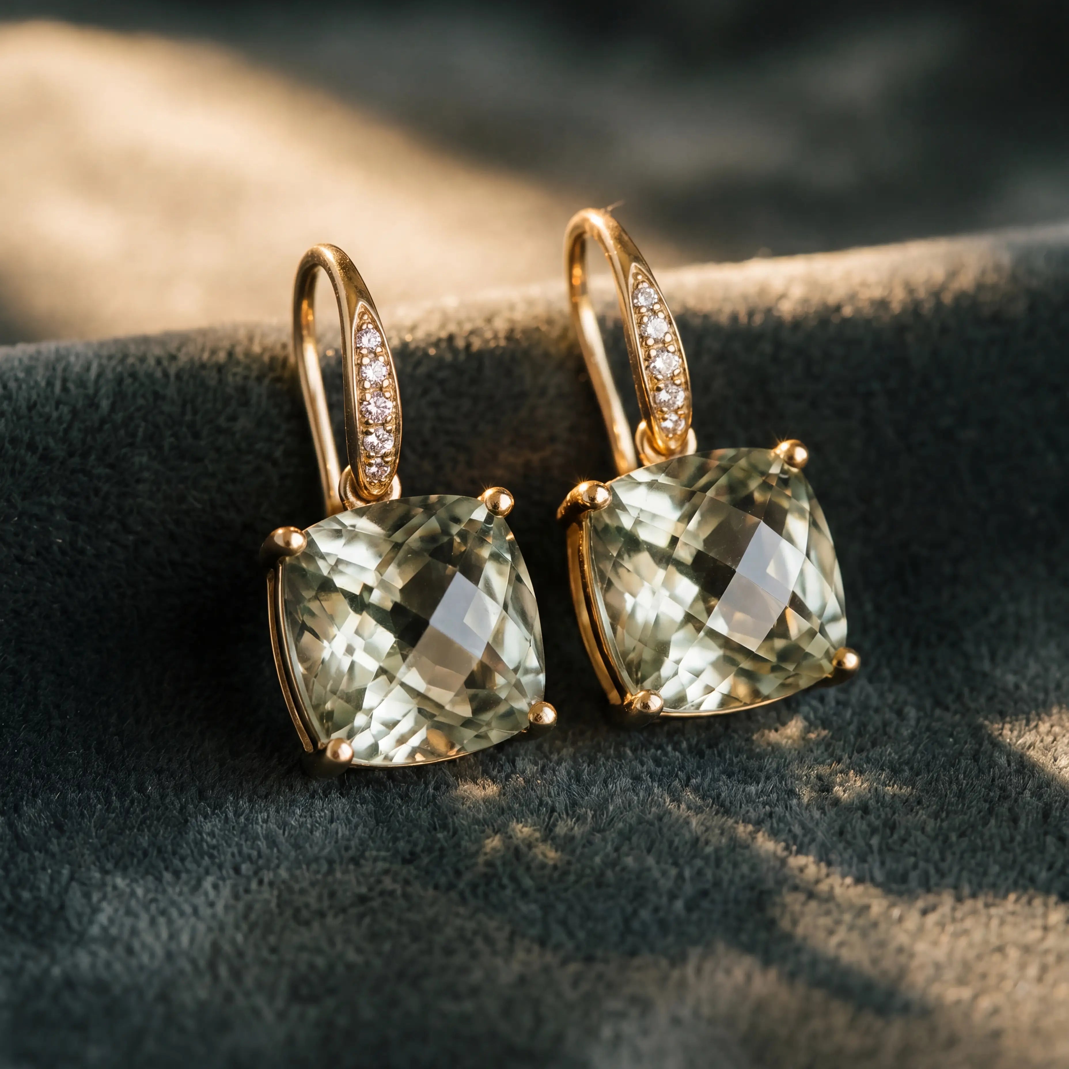Radiant Prasiolite Green Amethyst Diamond Drop Earrings