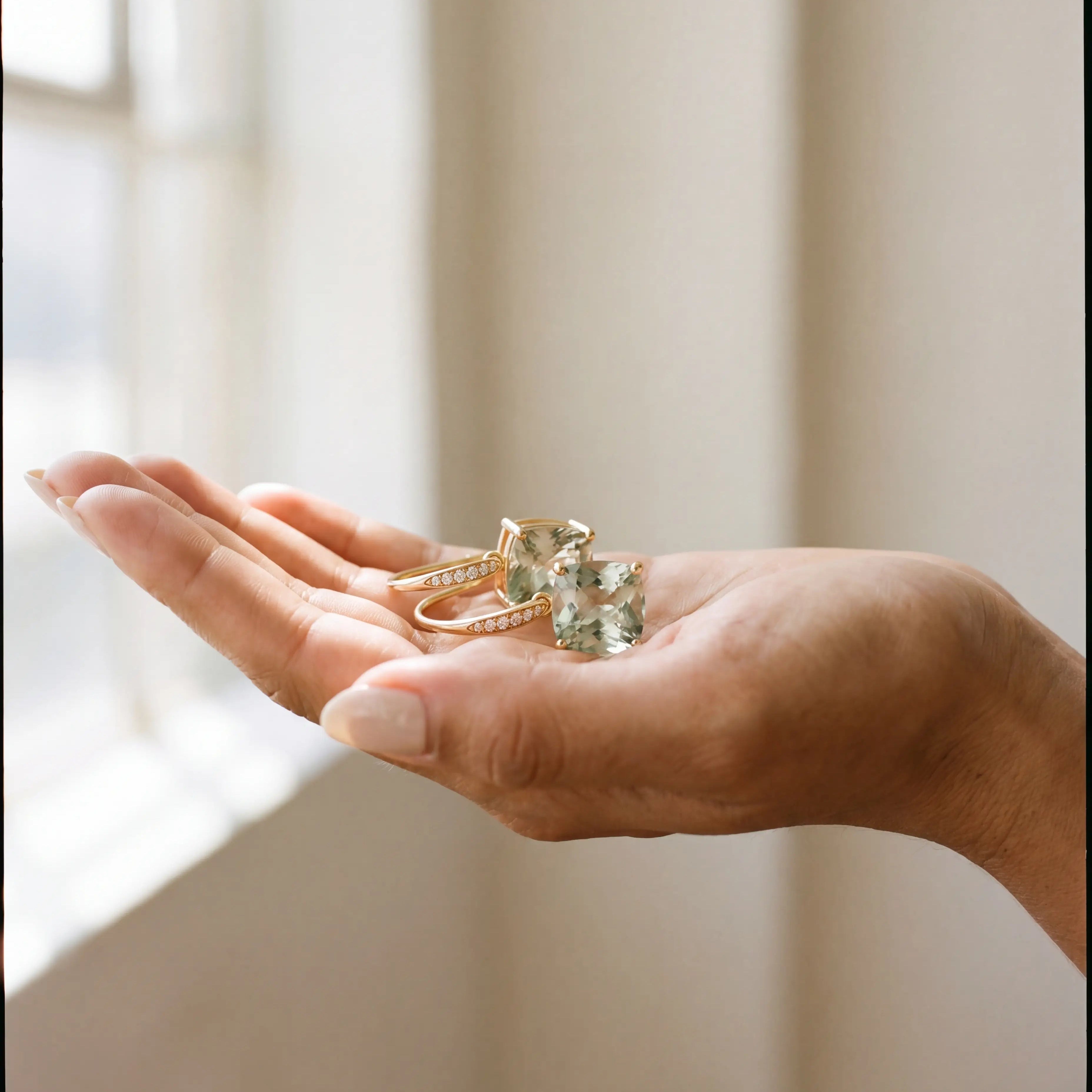 Radiant Prasiolite Green Amethyst Diamond Drop Earrings