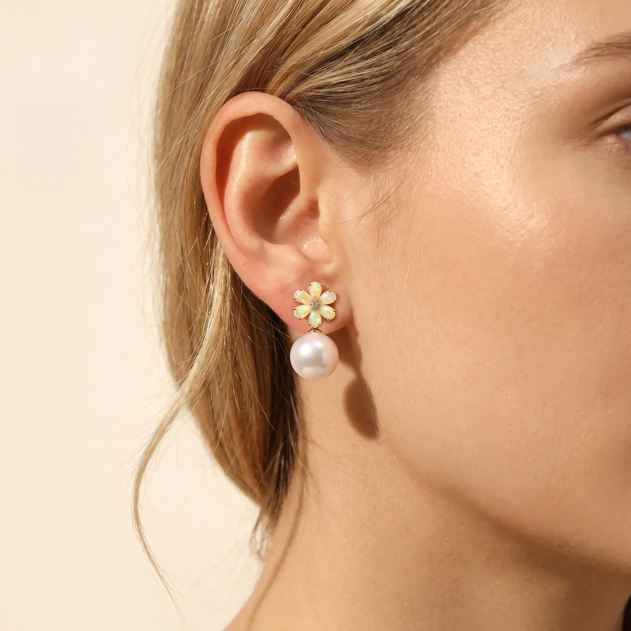 Flora Natural Fire Opal Diamond Pearl Convertible Drop Earrings in 14k yellow gold