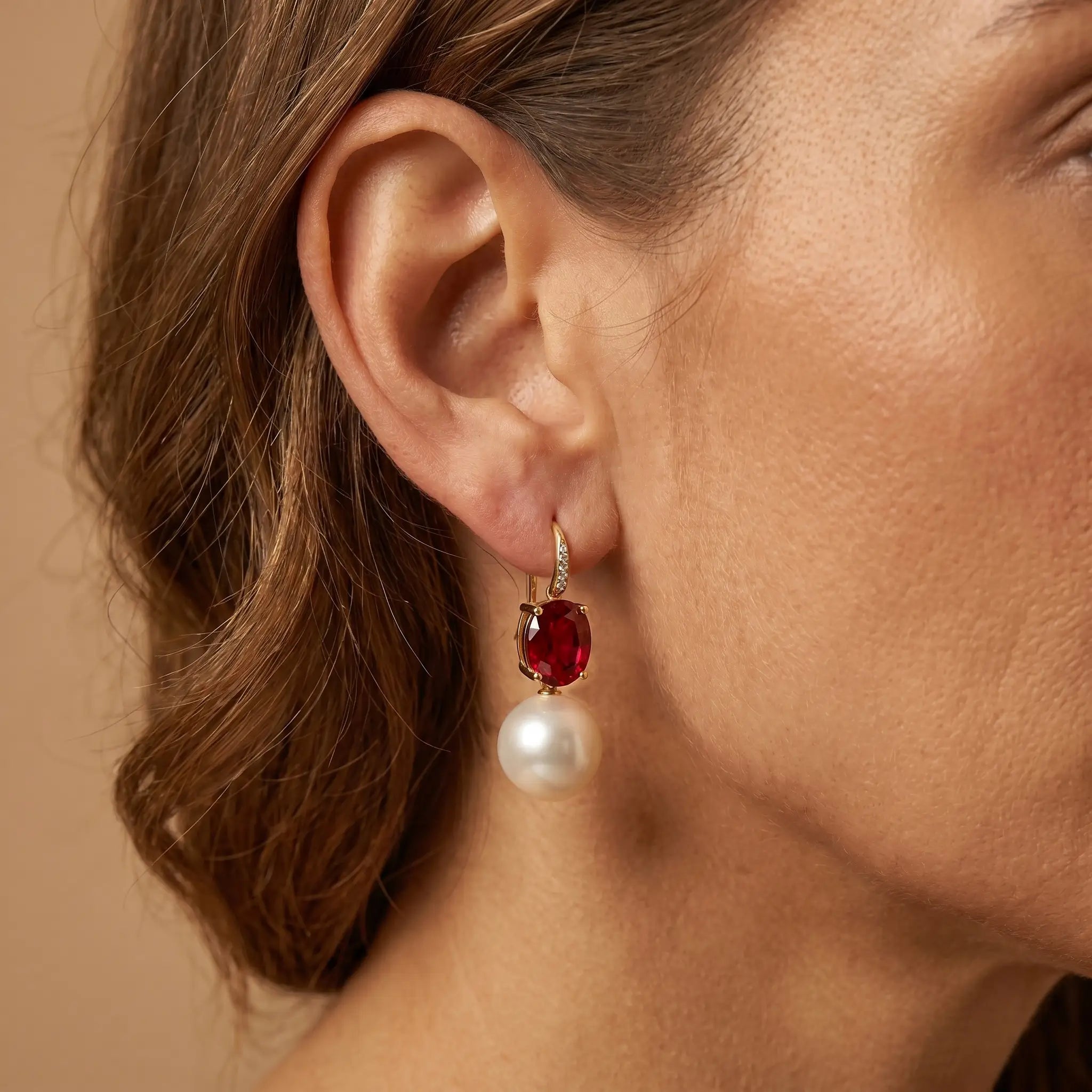 kai Radiant Oval Natural Garnet Diamond Pearl Convertible Drop Earrings in 14k gold