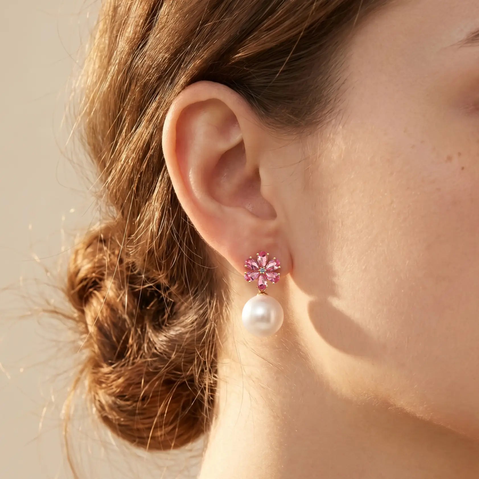 Flora Natural Pink Tourmaline Diamond Pearl Convertible Drop Earrings in 14k solid gold 