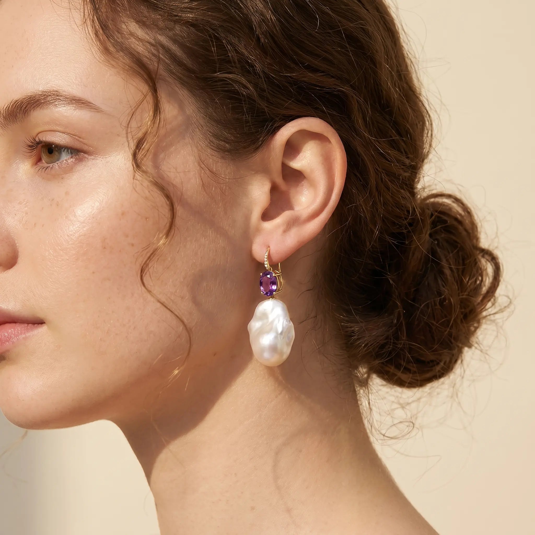 Radiant Oval Natural Amethyst Diamond Baroque Pearl Convertible Drop Earrings in 14k gold