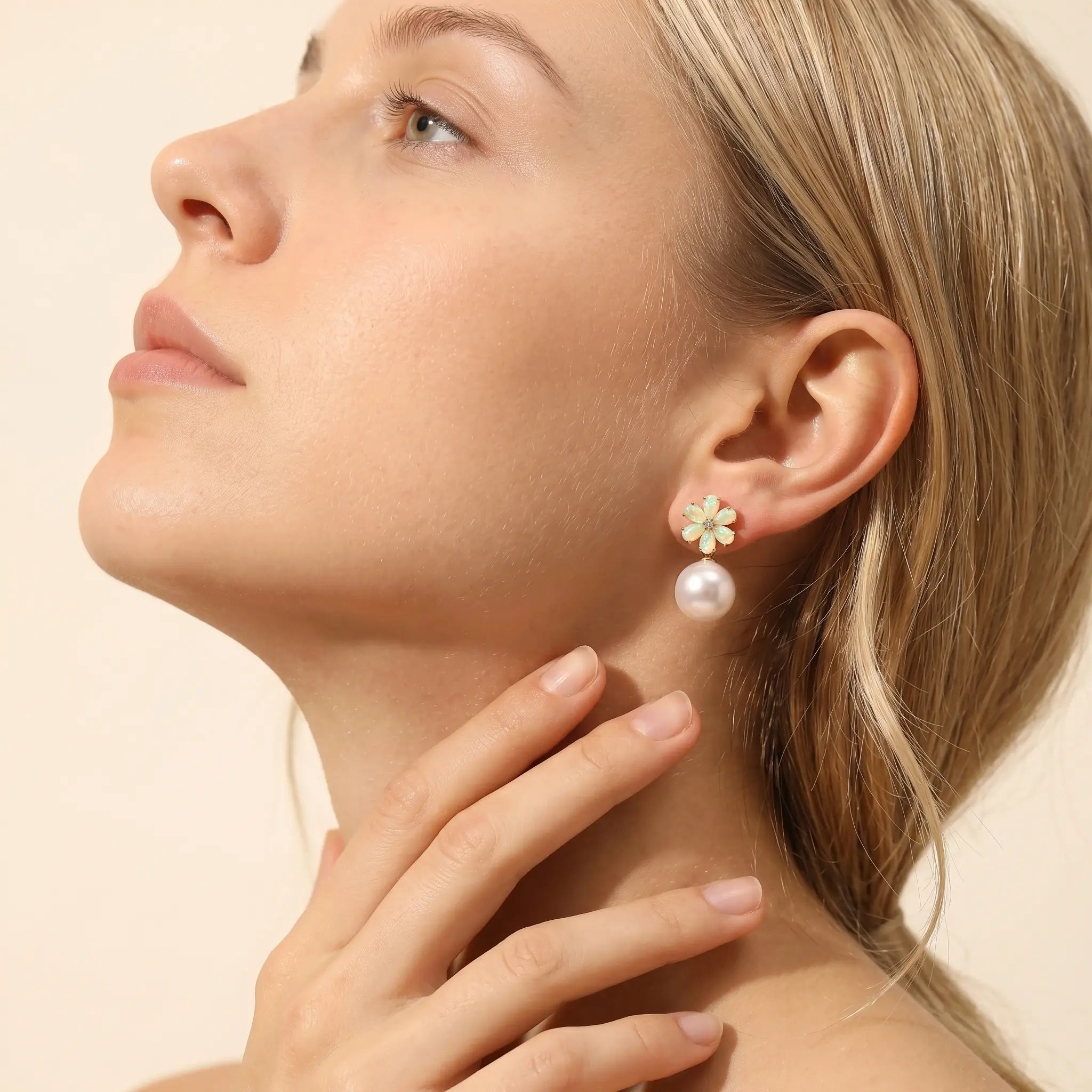Flora Natural Fire Opal Diamond Pearl Convertible Drop Earrings in 14k yellow gold