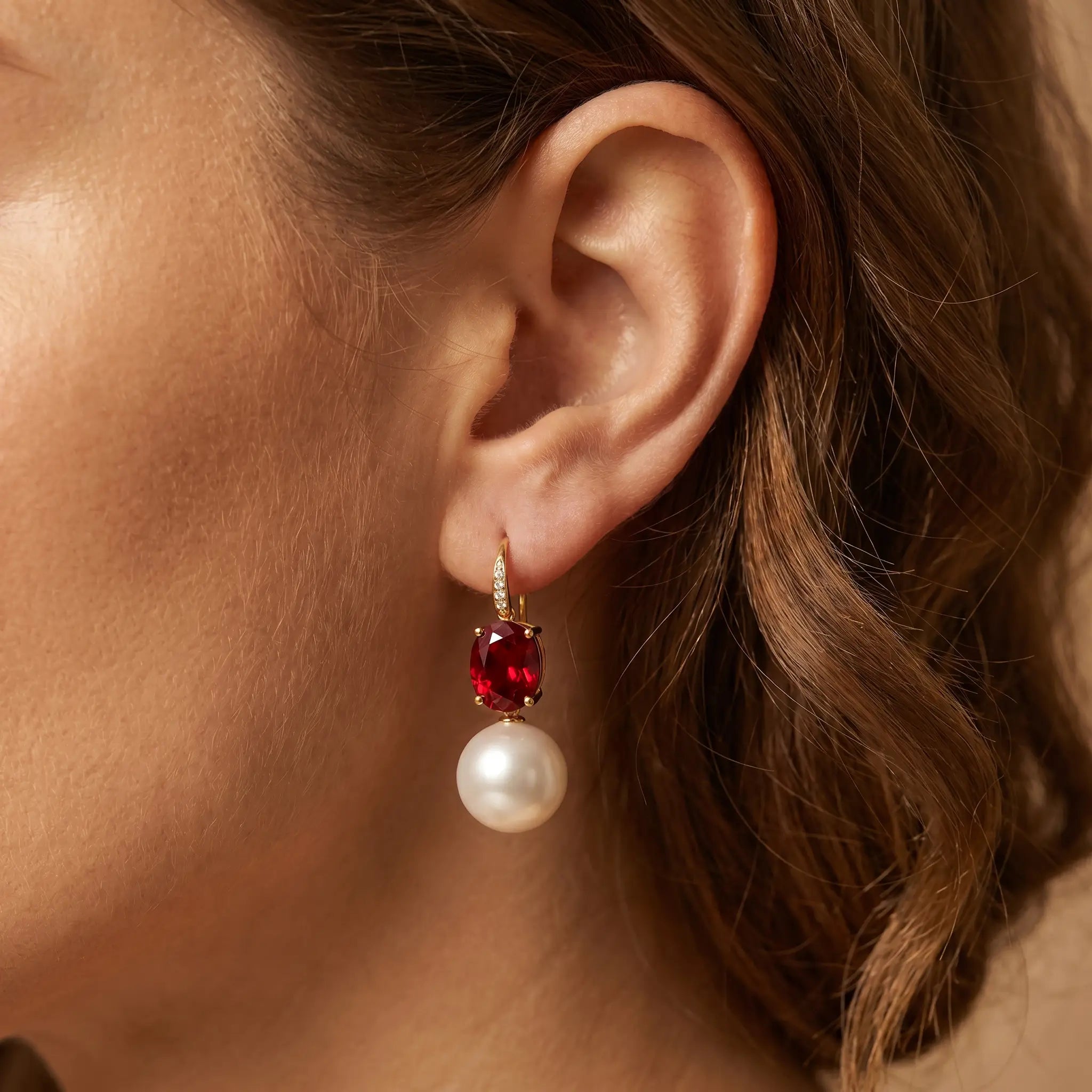 kai Radiant Oval Natural Garnet Diamond Pearl Convertible Drop Earrings in 14k gold