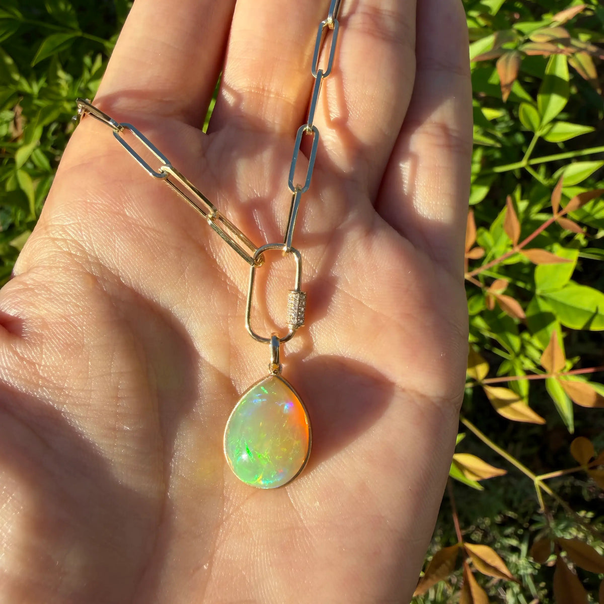 14k solid yellow gold Vivid Glance 6.20 ctw Natural Opal Diamond Lock Paperclip Chain Necklace (One-of-a-Kind)