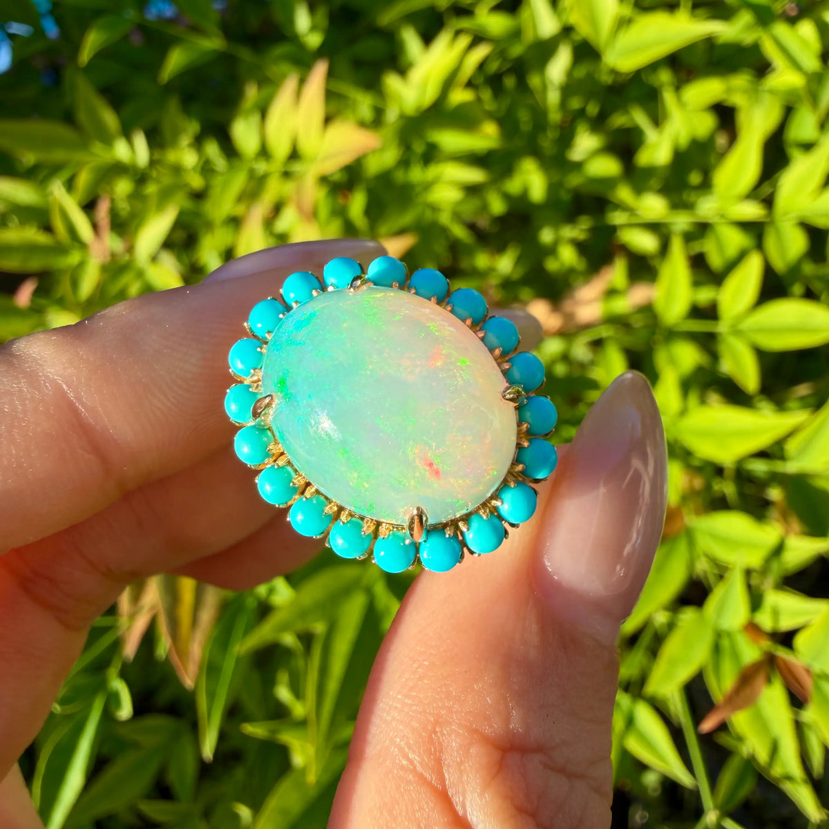 14k yellow gold Eden Halo 8.44 ctw Natural Opal & Turquoise East-West Ring (One-of-a-Kind)