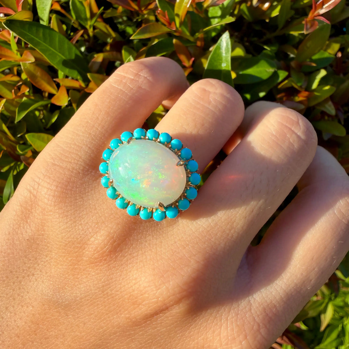 14k yellow gold Eden Halo 8.44 ctw Natural Opal & Turquoise East-West Ring (One-of-a-Kind)
