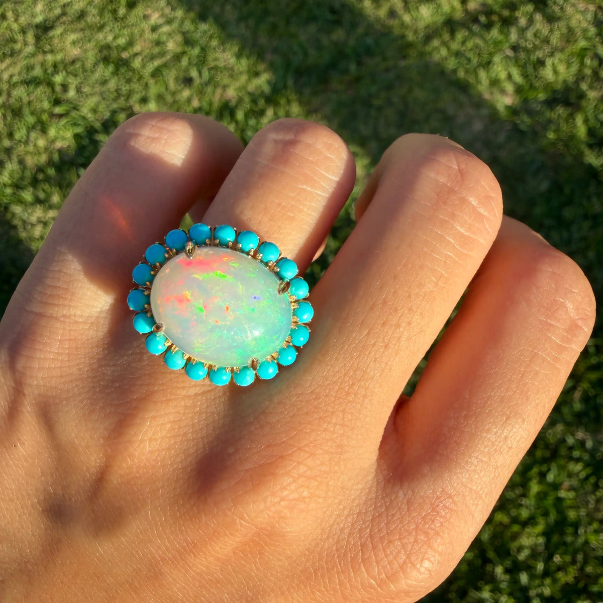 14k yellow gold Eden Halo 8.44 ctw Natural Opal & Turquoise East-West Ring (One-of-a-Kind)