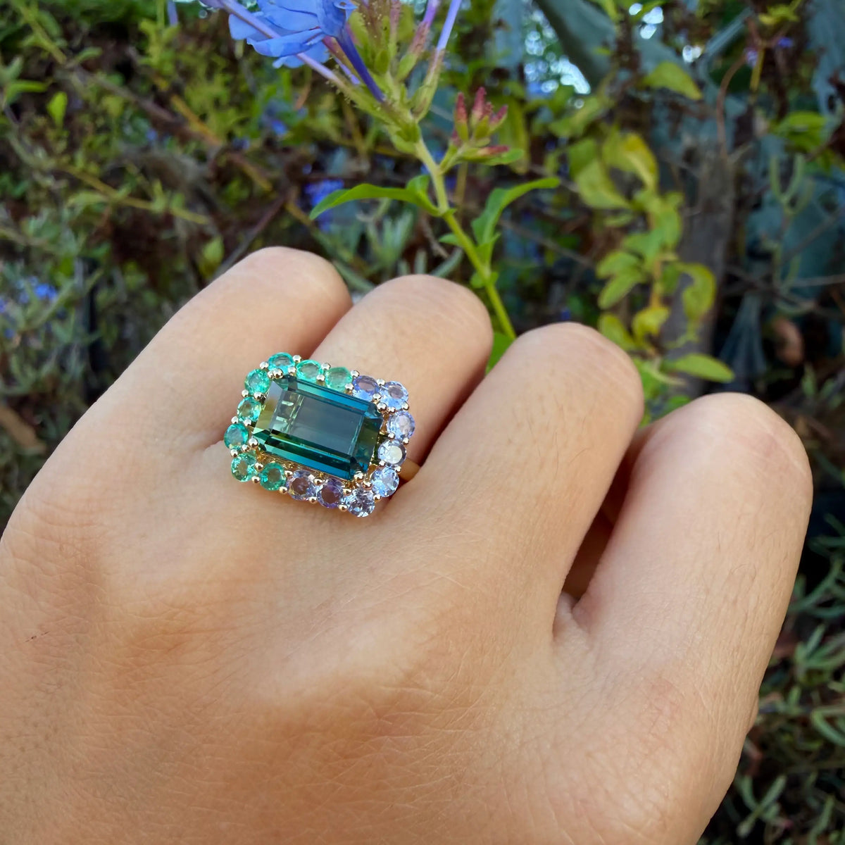 14k yellow gold Eden Halo 4.36 ctw Natural Bi-Color Teal Toumaline, Emerald & Tanzanite East-West Ring (One-of-a-Kind)