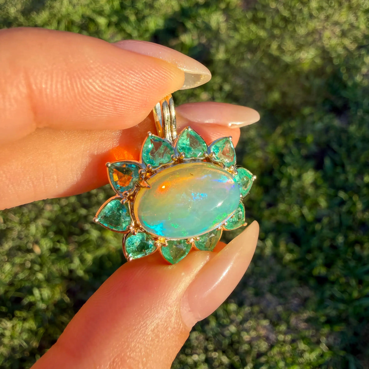 14k yellow gold Bloom Halo 7.96 ctw Natural Opal & Emerald Diamond Heart Lock Paperclip Chain Necklace (One-of-a-Kind)