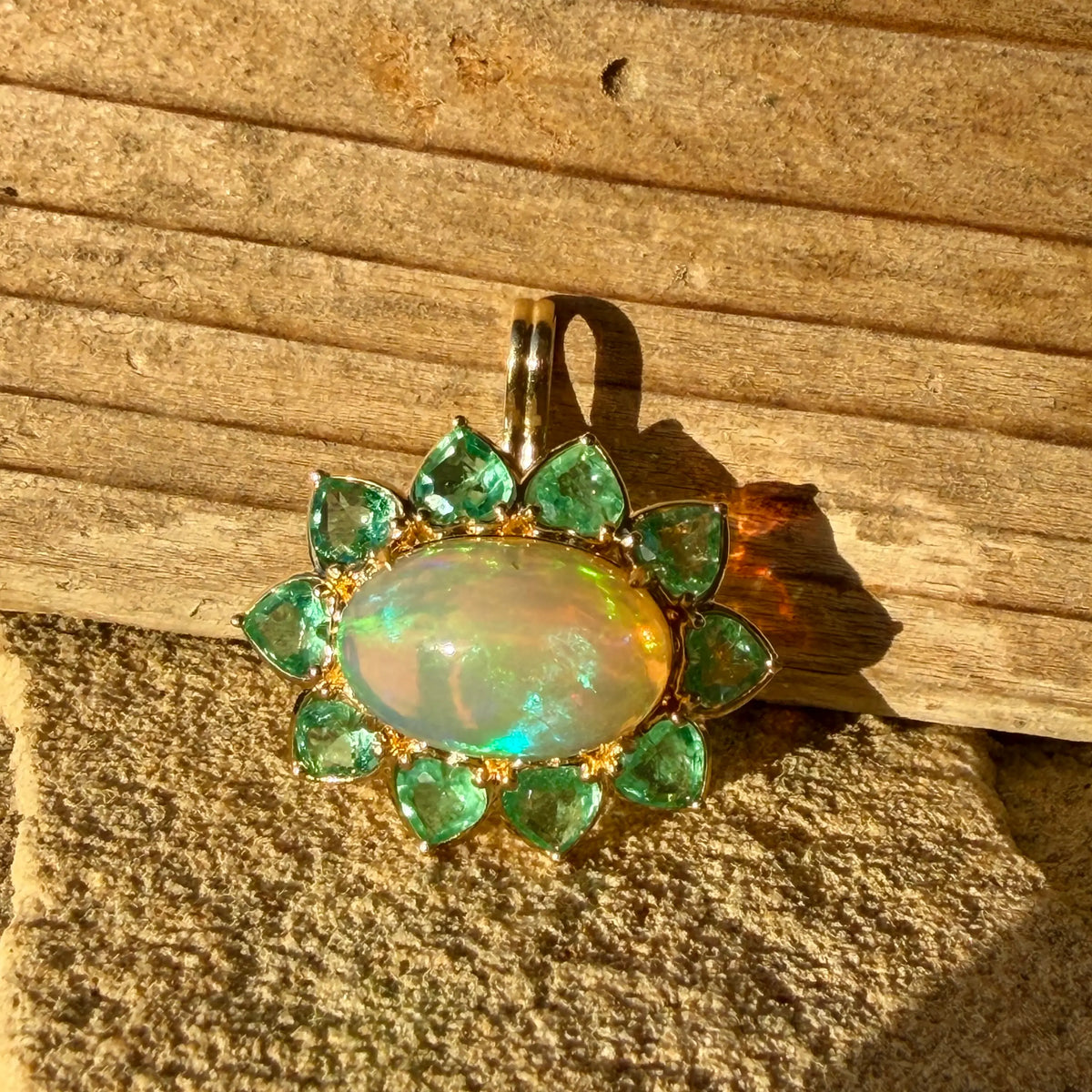 14k yellow gold Bloom Halo 7.96 ctw Natural Opal & Emerald Diamond Heart Lock Paperclip Chain Necklace (One-of-a-Kind)