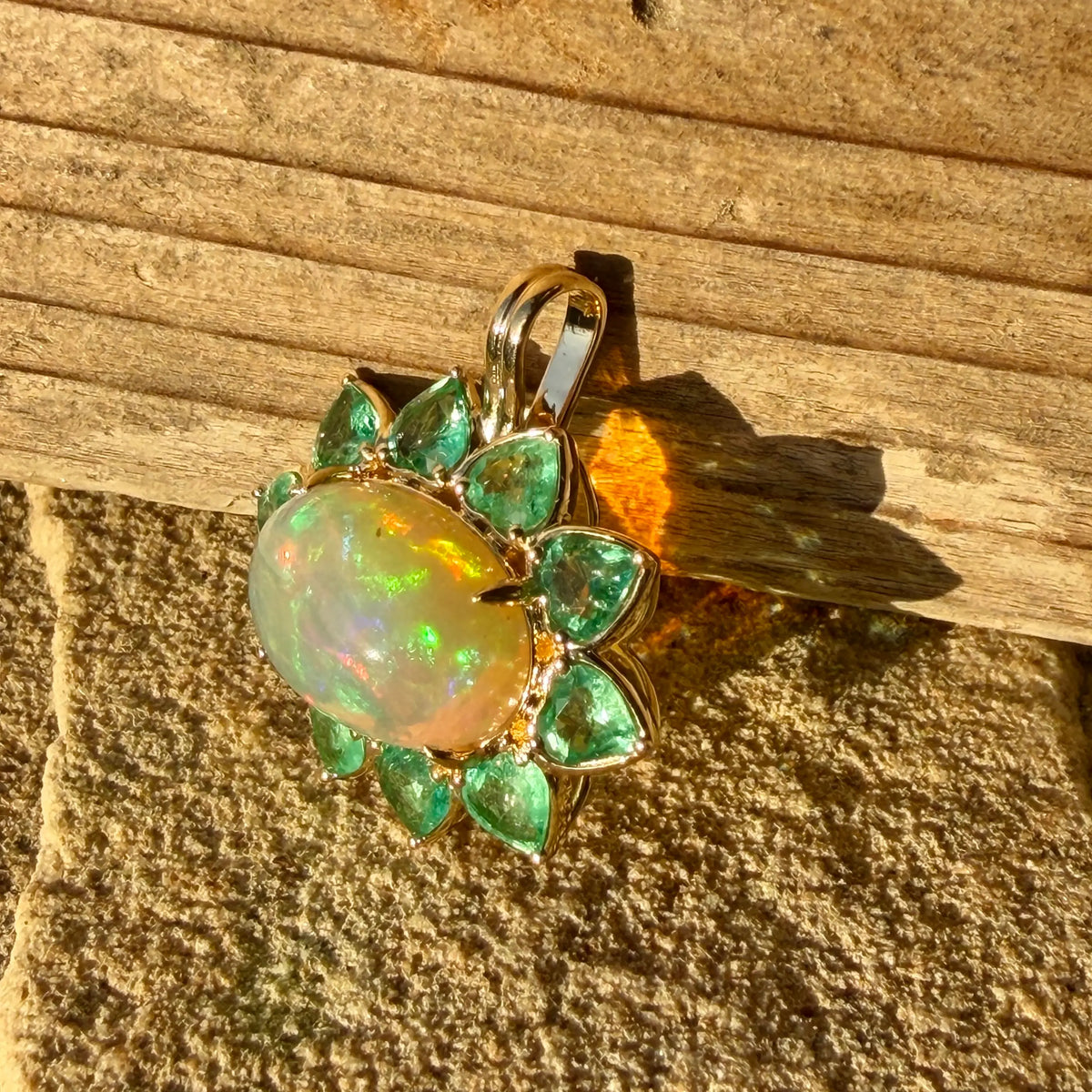 14k yellow gold Bloom Halo 7.96 ctw Natural Opal & Emerald Diamond Heart Lock Paperclip Chain Necklace (One-of-a-Kind)