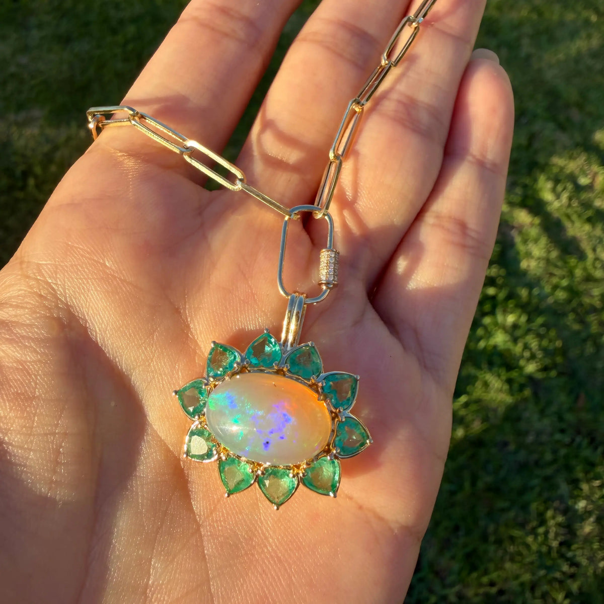 14k yellow gold Bloom Halo 7.96 ctw Natural Opal & Emerald Diamond Heart Lock Paperclip Chain Necklace (One-of-a-Kind)