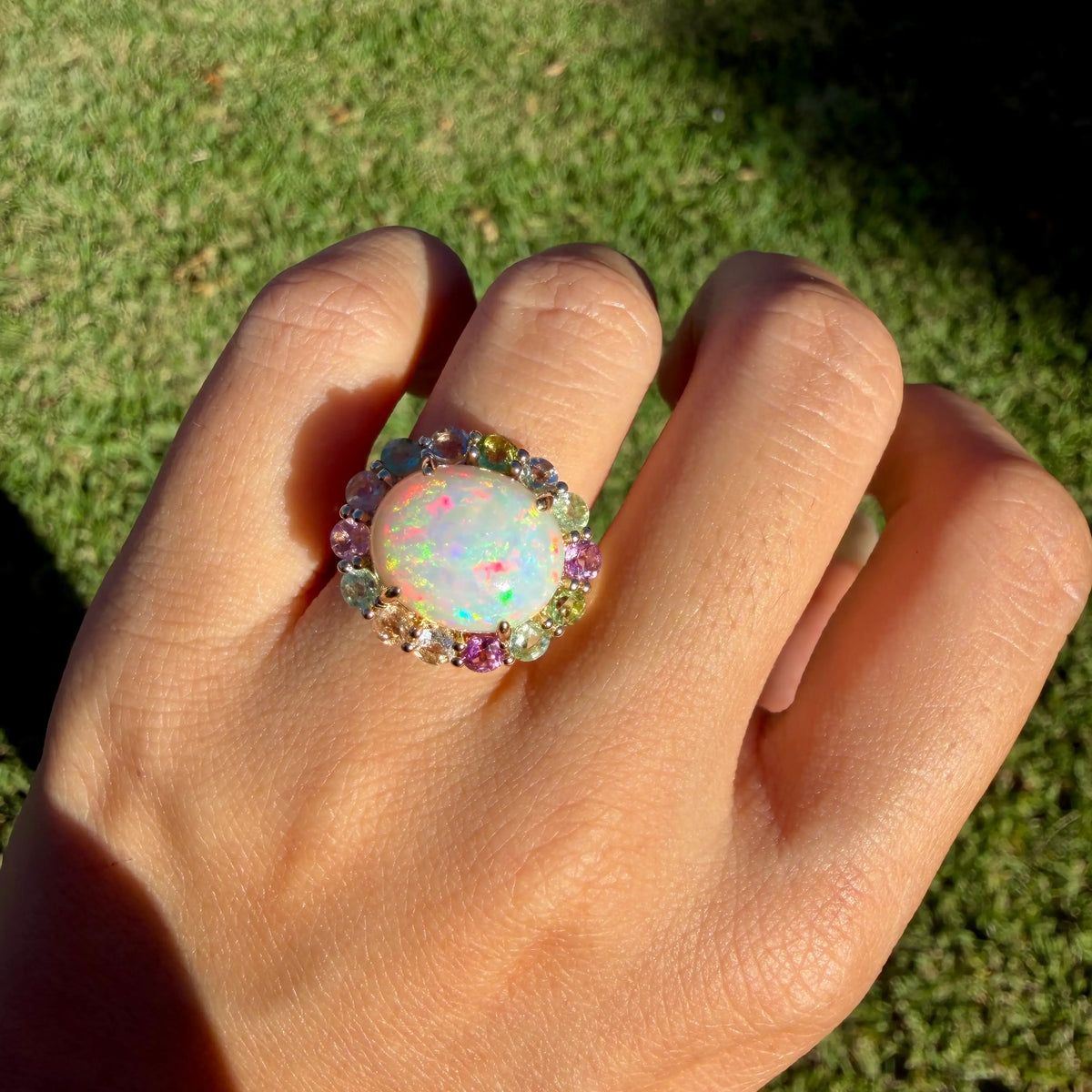 14k yellow gold Eden Halo 6.96 ctw Natural Opal & Pastel Tourmaline East-West Ring (One-of-a-Kind)