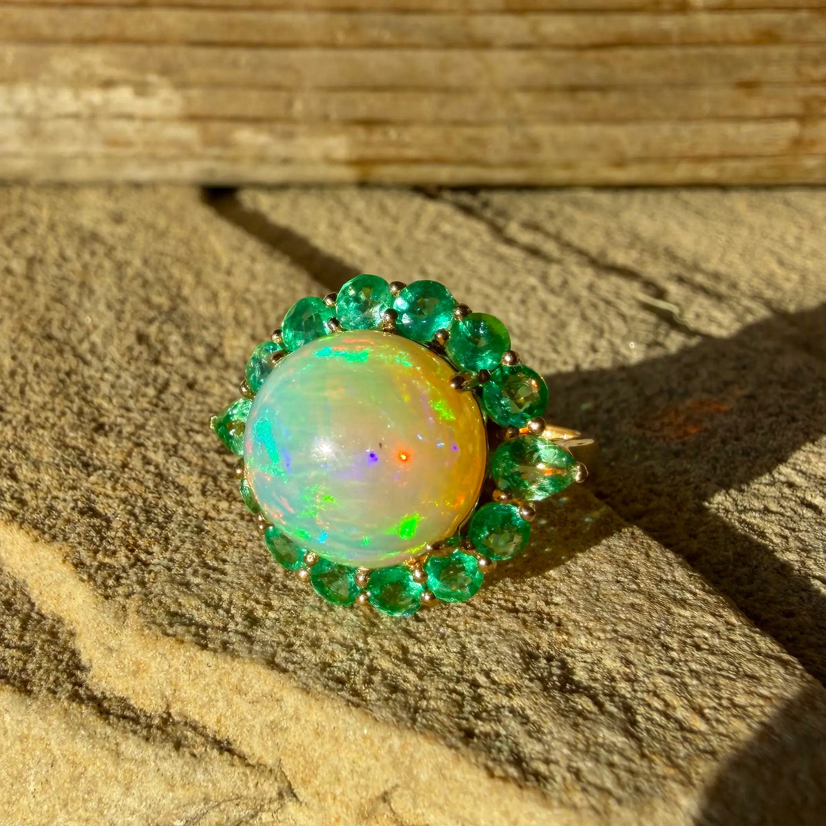 14k yellow gold Eden Halo 8.05 ctw Natural Opal & Emerald East-West Ring (One-of-a-Kind)
