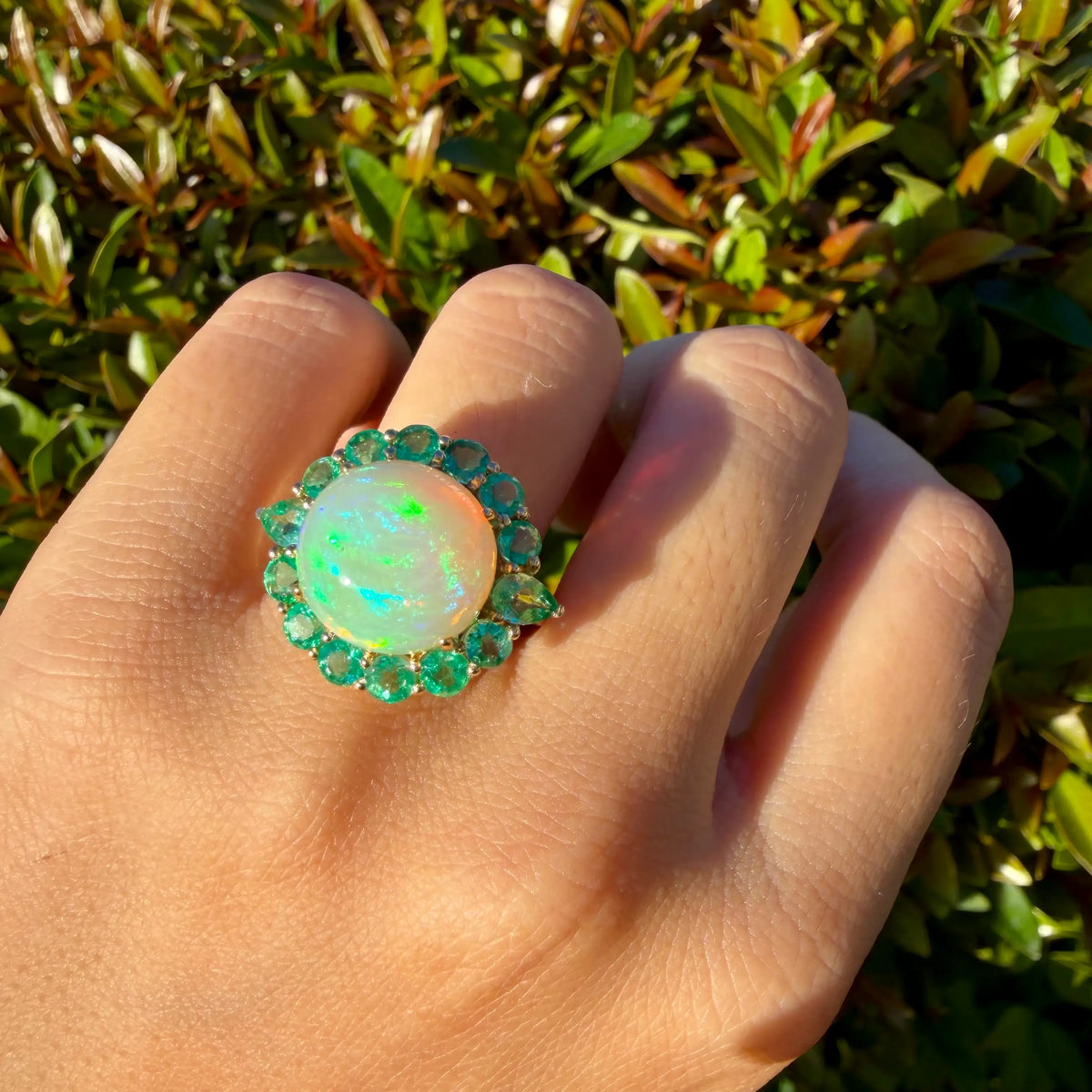 14k yellow gold Eden Halo 8.05 ctw Natural Opal & Emerald East-West Ring (One-of-a-Kind)