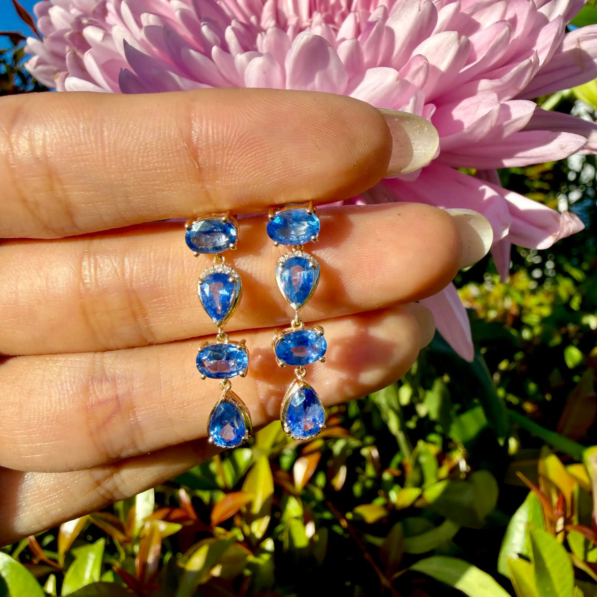 14k yellow gold Garden Melody 4.14 ctw Natural Blue Sapphire & Diamond Drop Earrings (One-of-a-Kind)