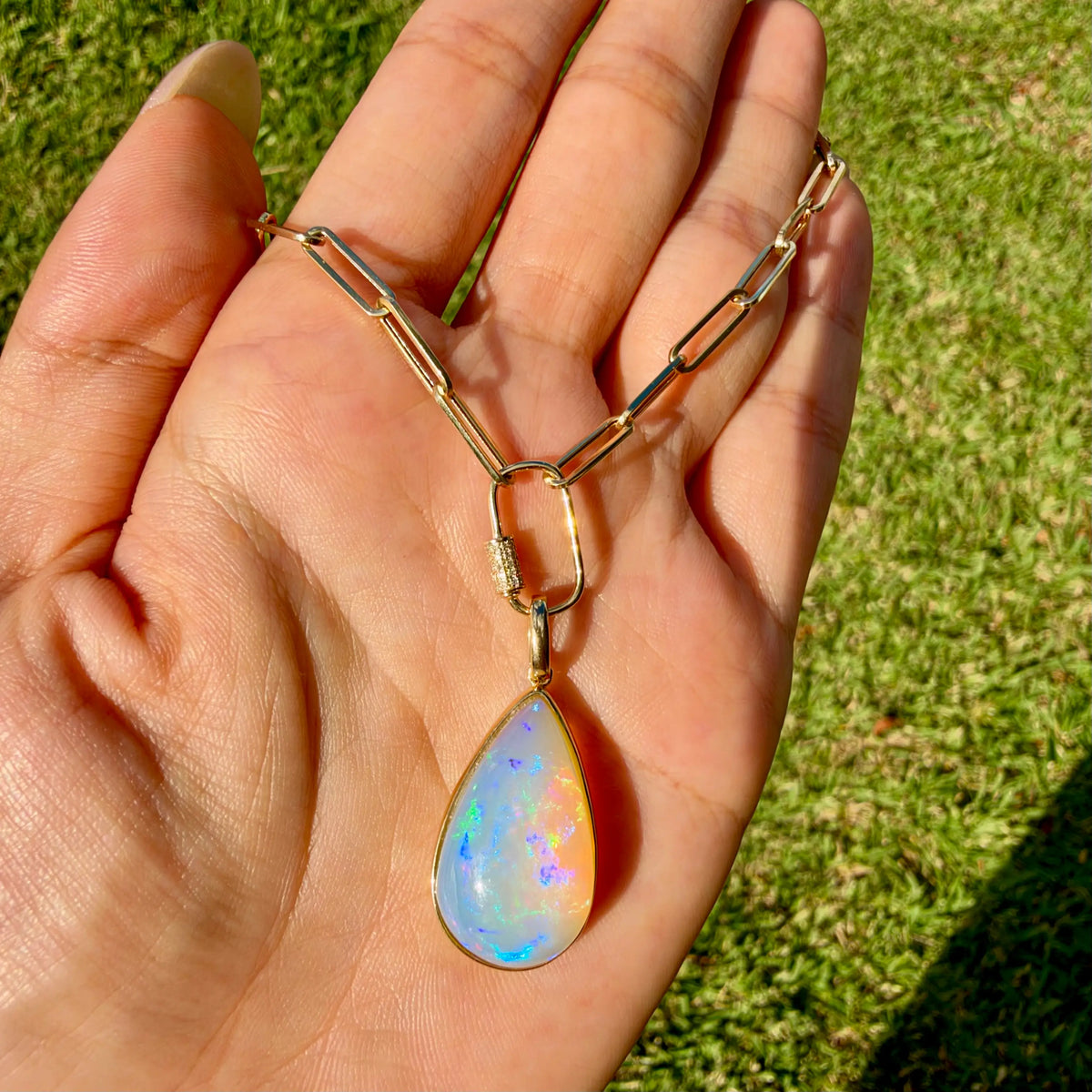 14k yellow gold Vivid Glance 13.25 ctw Natural Opal Diamond Lock Paperclip Chain Necklace (One-of-a-Kind)