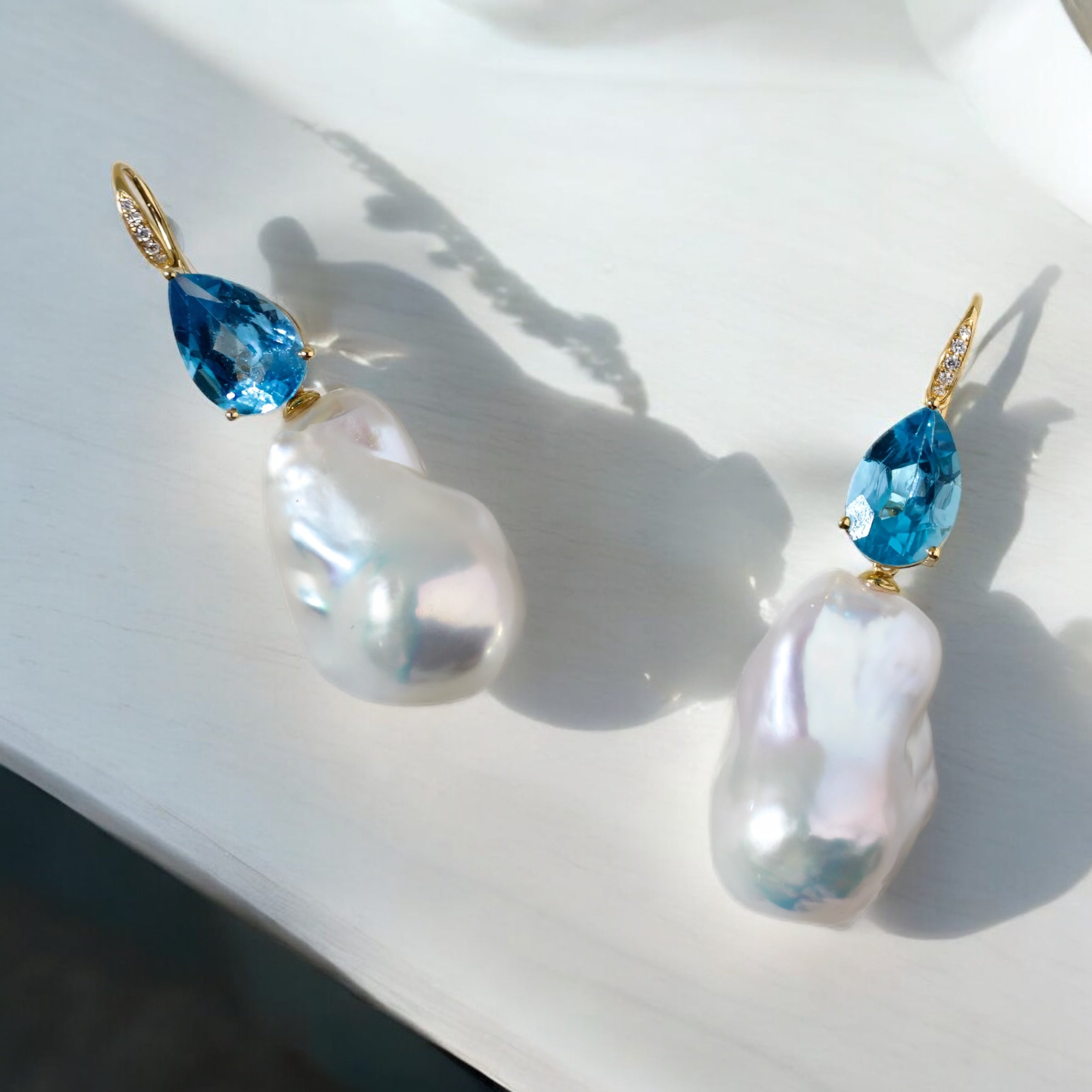 Radiant Pear Topaz Diamond Baroque Pearl Convertible Drop Earrings