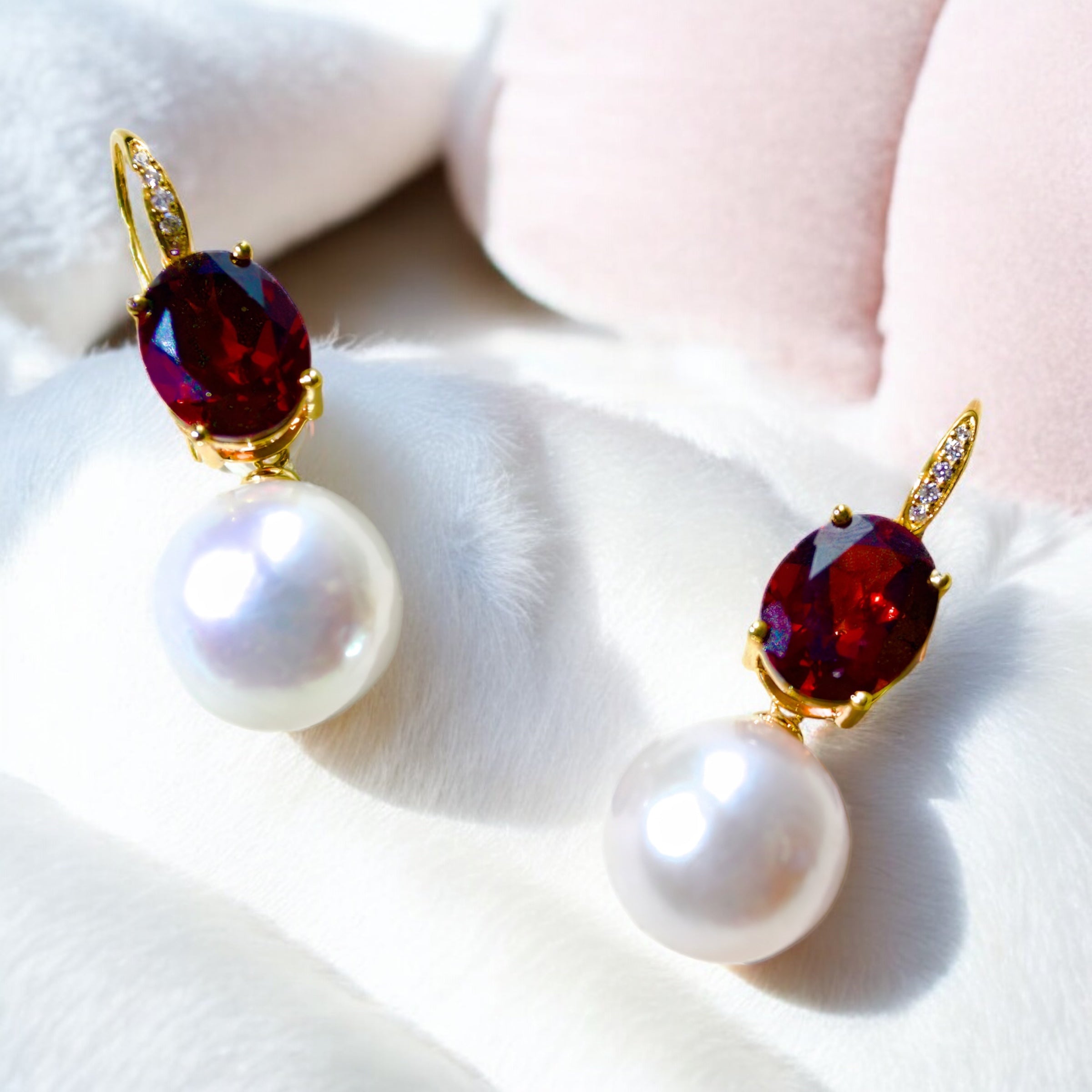 Radiant Oval Garnet Diamond Pearl Convertible Drop Earrings