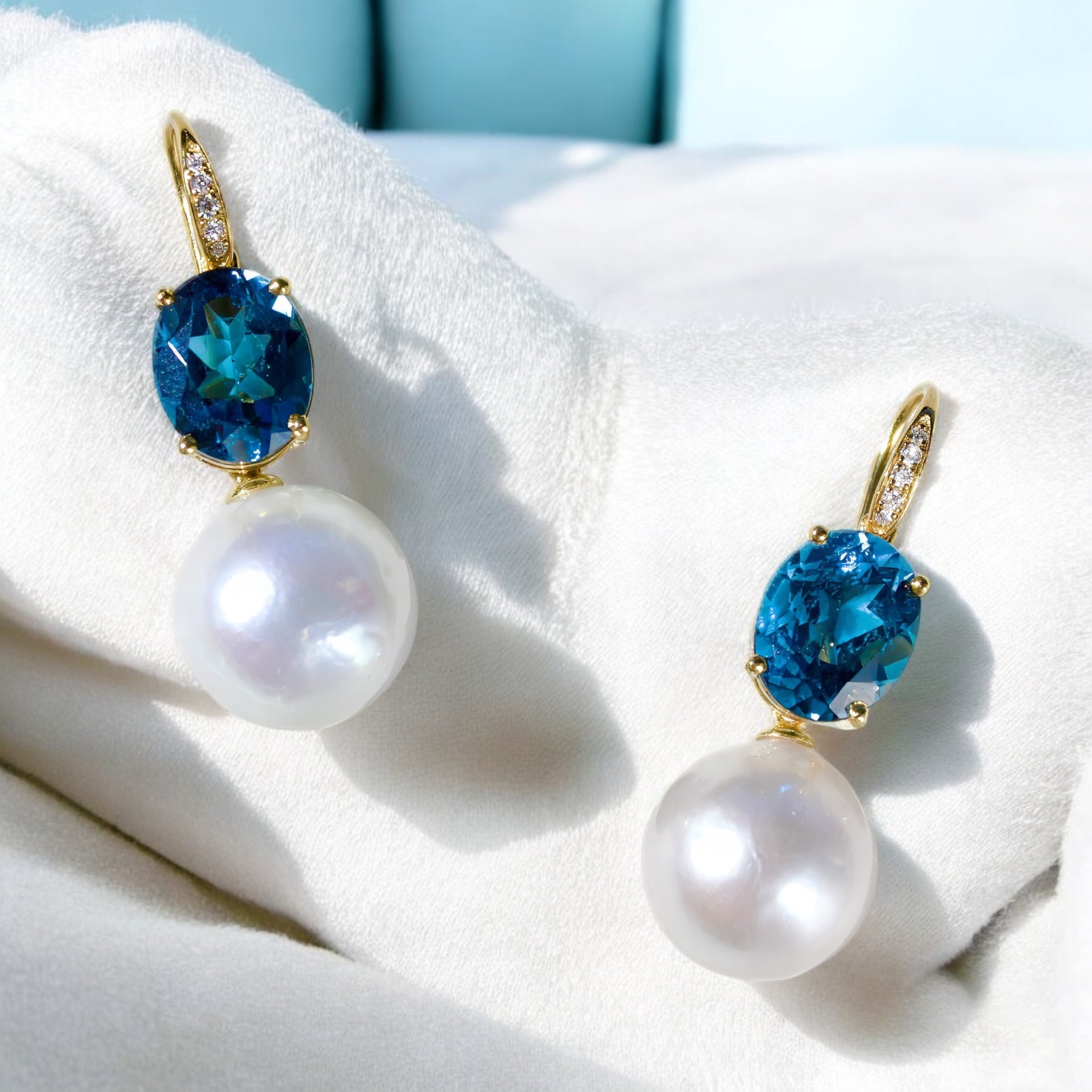 Radiant Oval Topaz Diamond Pearl Convertible Drop Earrings
