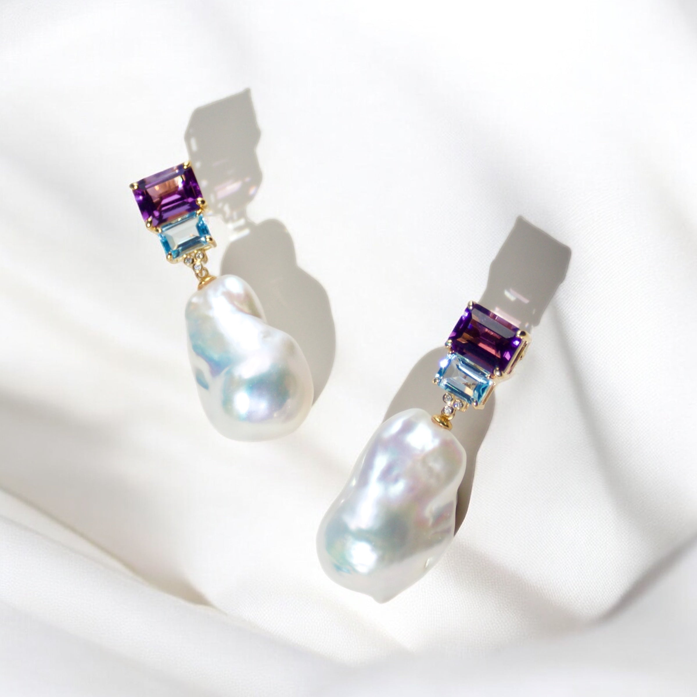 Fortune Amethyst Topaz Diamond Baroque Pearl Convertible Drop Earrings