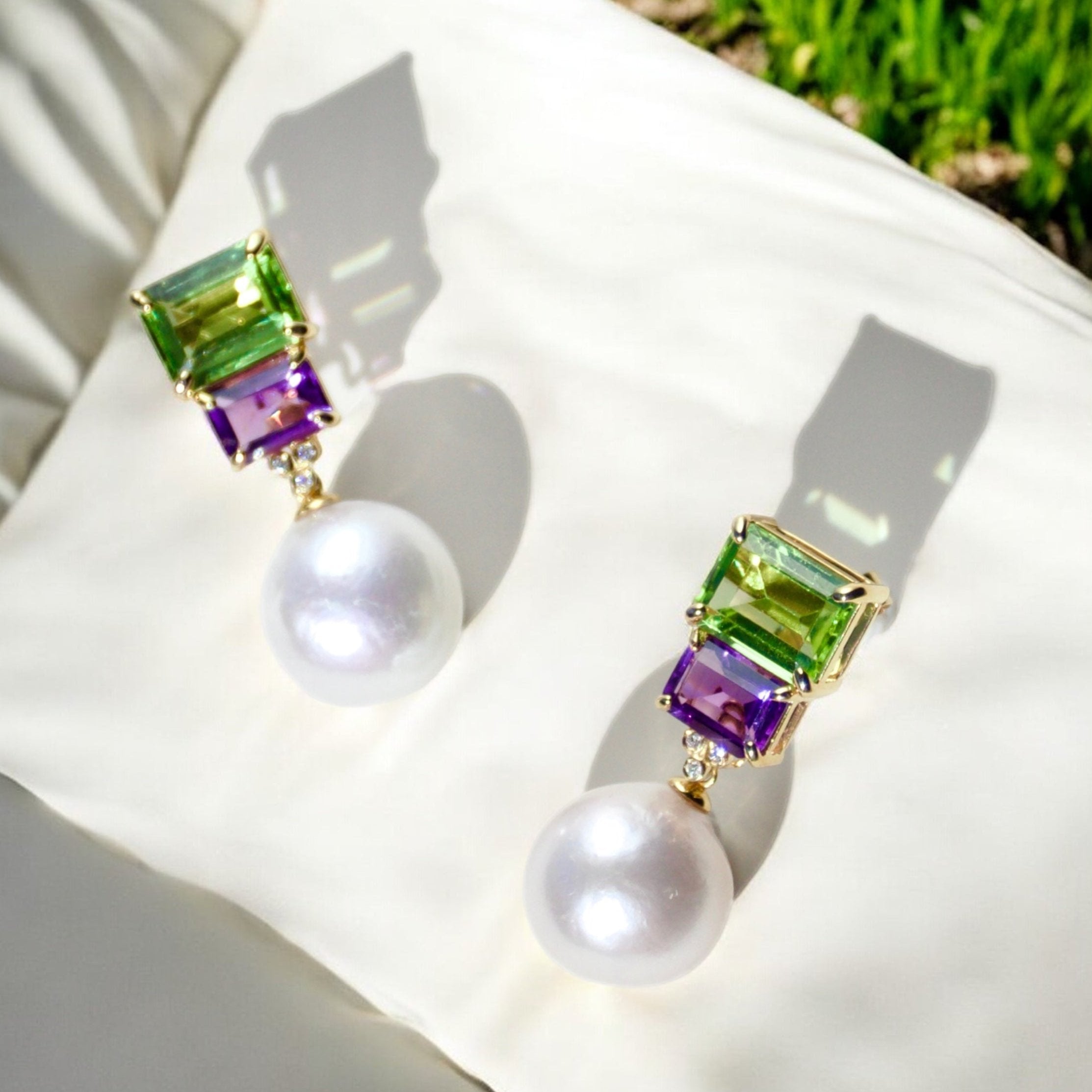 Fortune Peridot Amethyst Diamond Pearl Convertible Drop Earrings