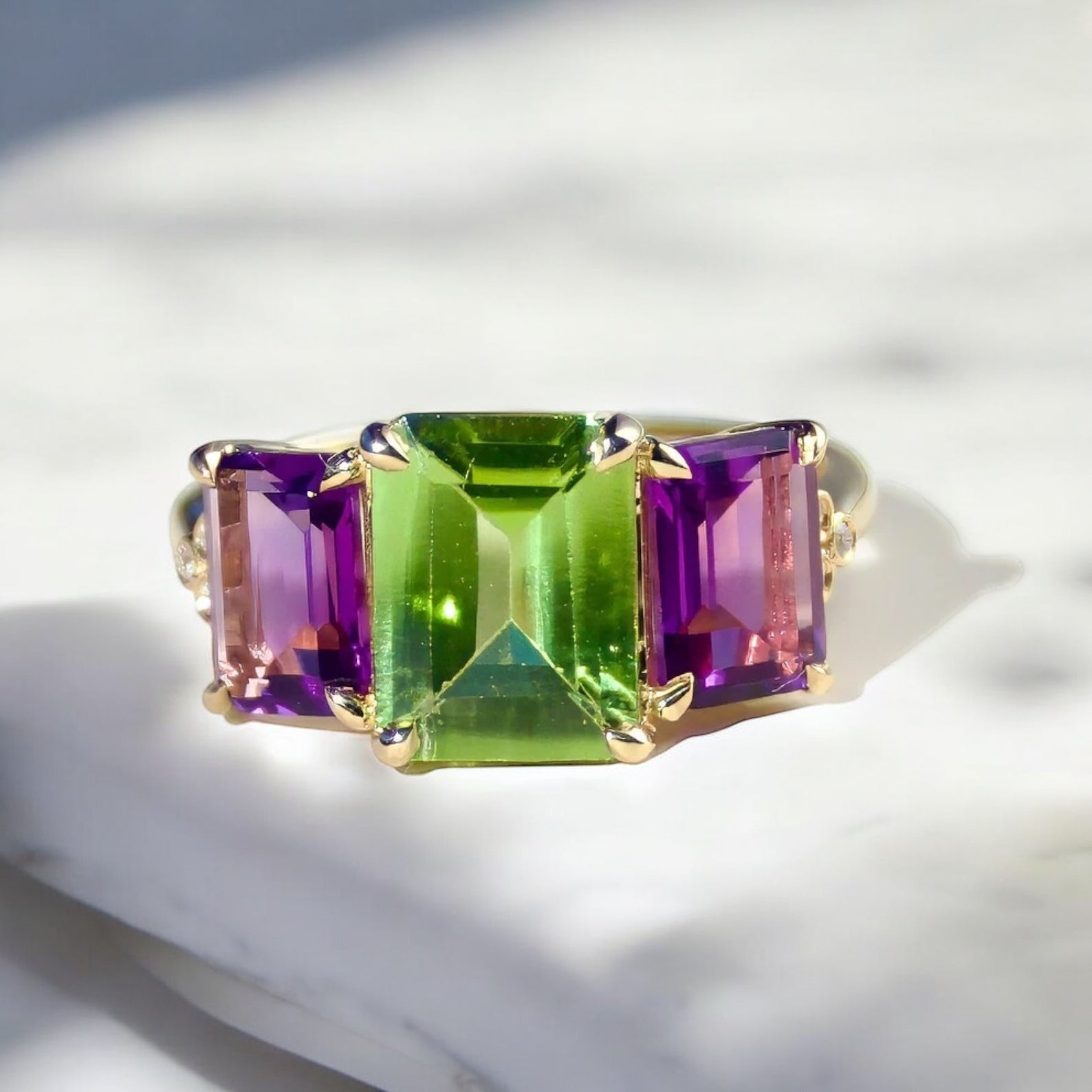 Fortune Peridot Amethyst Diamond Three-Stone Ring