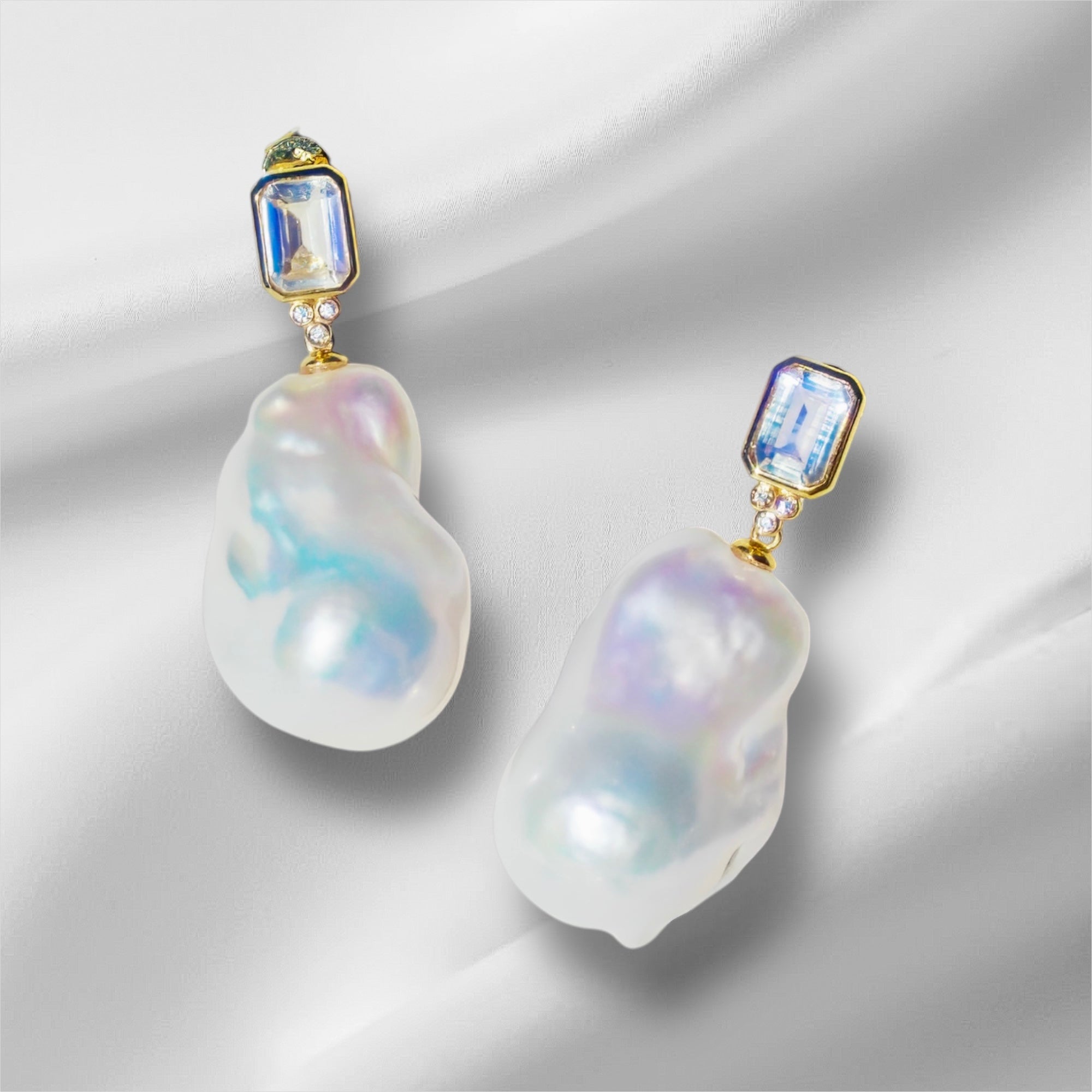 Ayla Emerald-Cut Moonstone Diamond Pearl Earrings