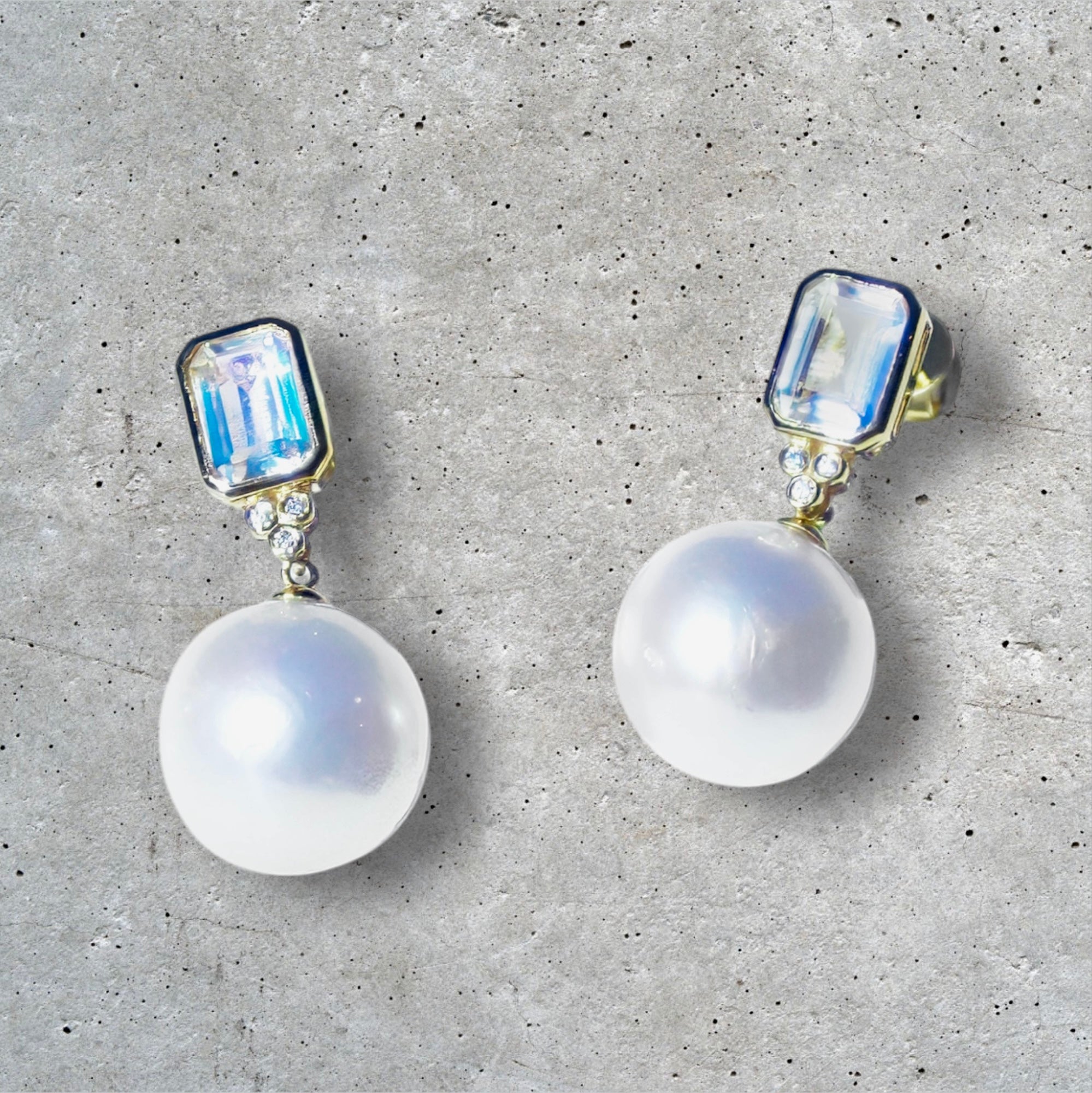 Ayla Emerald-Cut Moonstone Diamond Pearl Convertible Drop Earrings