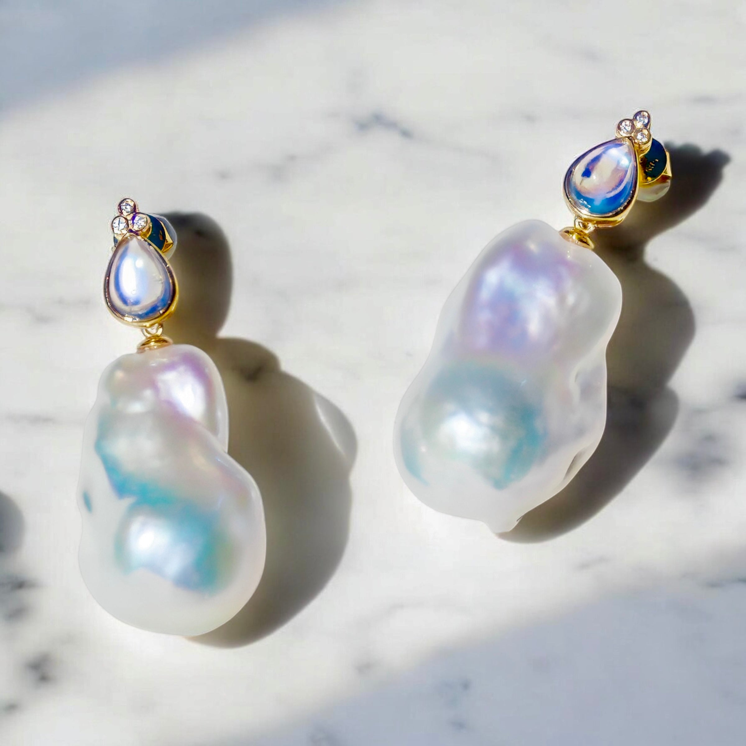Ayla Pear-Shaped Moonstone Diamond Baroque Pearl Convertible Drop Earrings