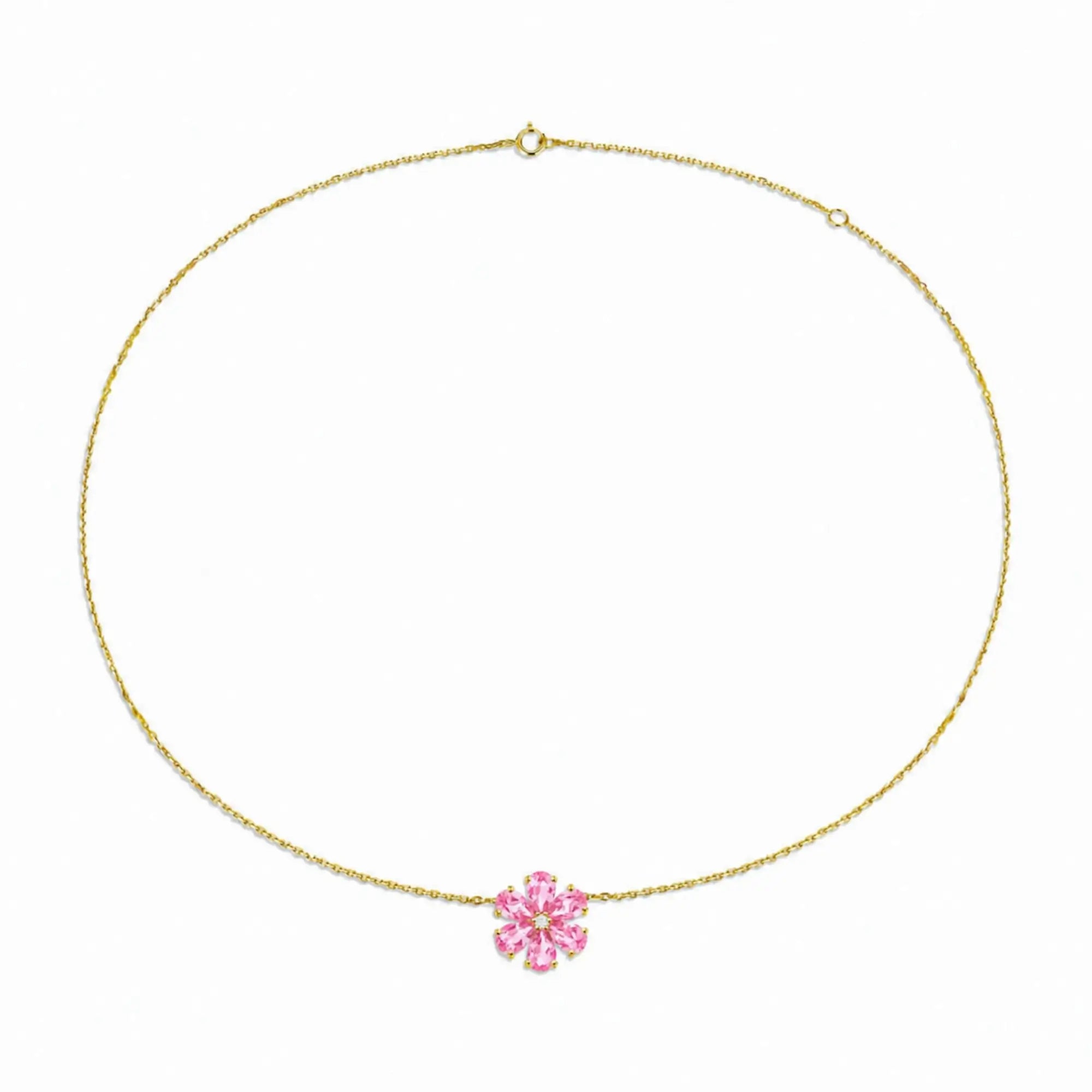 14k yellow gold Flora Blossom 2.82 ctw Lab Grown Pink Sapphire Diamond Necklace