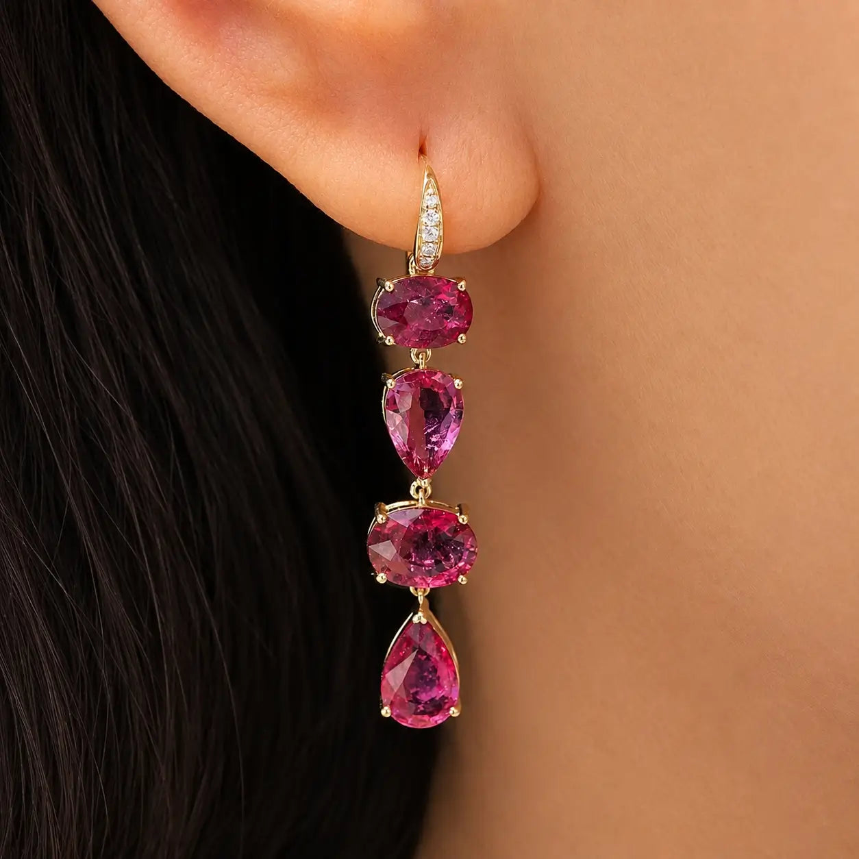 14k yellow gold Garden Melody 8.18 ctw Natural Rubellite & Diamond Drop Earrings (One-of-a-Kind)