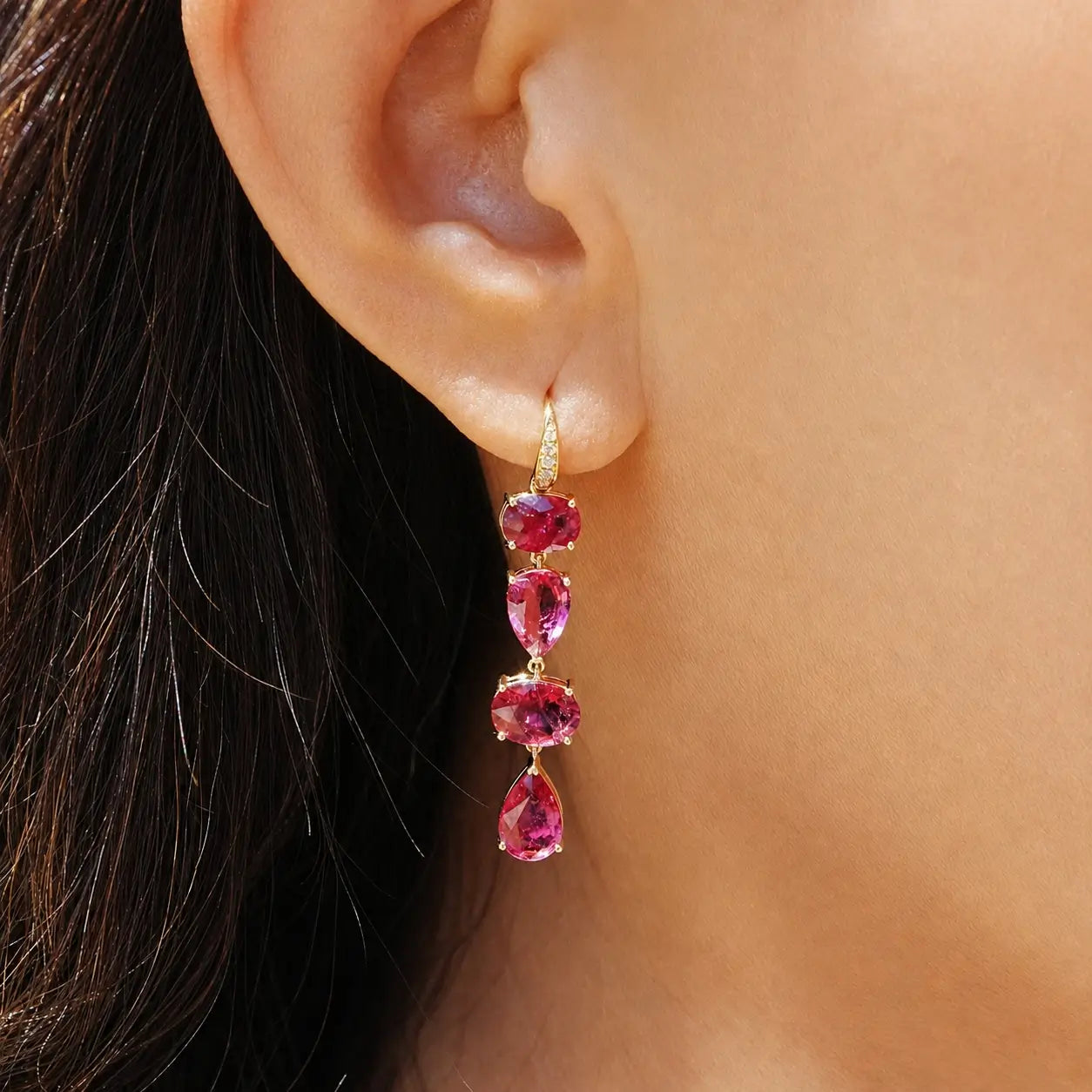 14k yellow gold Garden Melody 8.18 ctw Natural Rubellite & Diamond Drop Earrings (One-of-a-Kind)