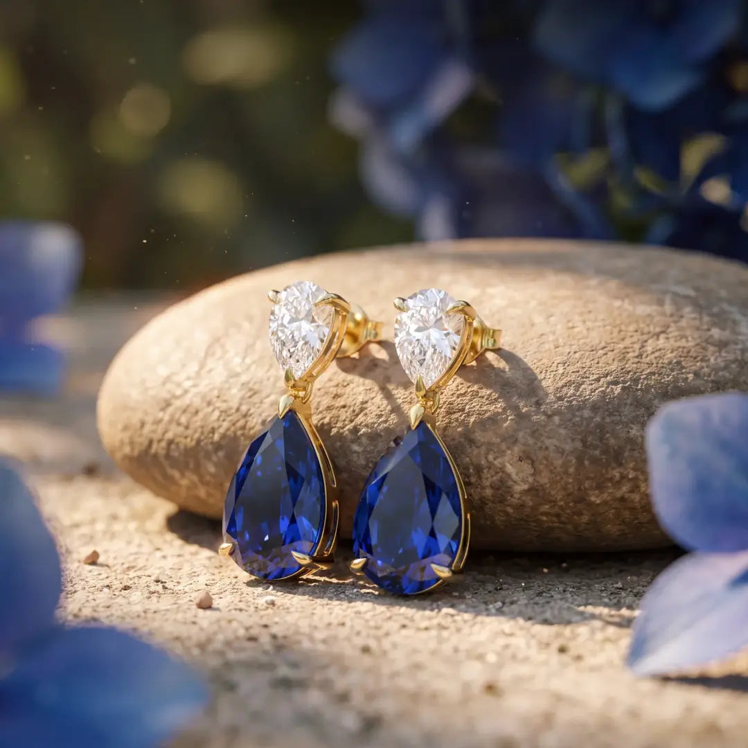 Duet Pear 8.00ctw Lab Grown Diamond & Sapphire Drop Earrings in 14k yellow gold