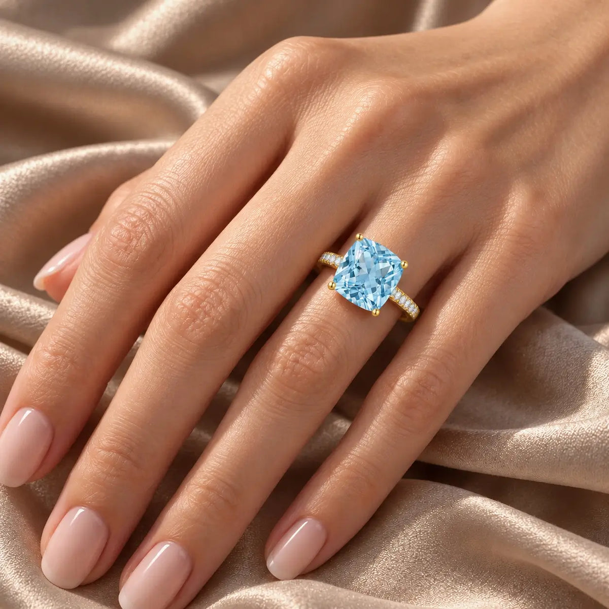 Radiant Cushion Natural Sky blue Topaz Diamond Ring in 14k yellow gold