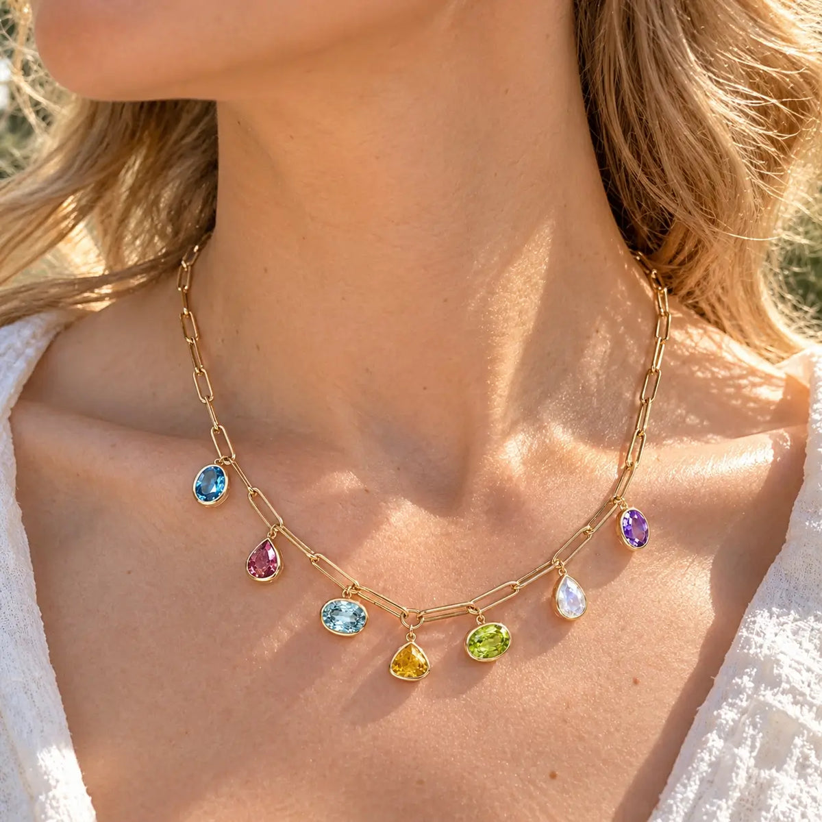 14k yellow gold Earthlight 7.32 ctw Natural Sapphire & Aquamarine Seven-Gemstone Paperclip Chain Necklace (One-of-a-Kind)