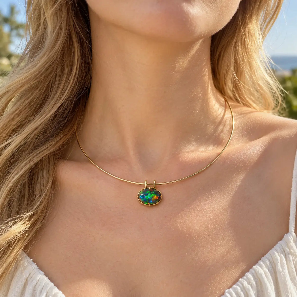 14k yellow gold Vivid Aura 8.35ct Natural Black Opal Collar Necklace (One-of-a-Kind)