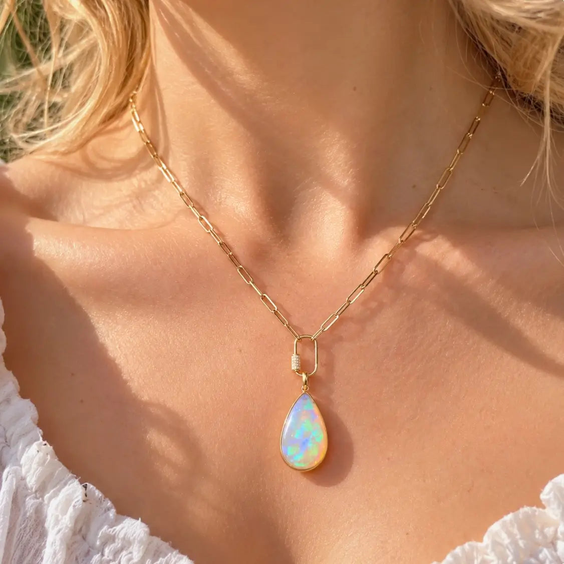 14k yellow gold Vivid Glance 13.25 ctw Natural Opal Diamond Lock Paperclip Chain Necklace (One-of-a-Kind)