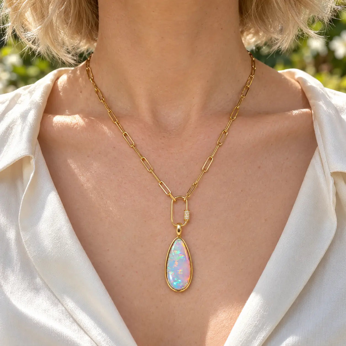 14k yellow gold Vivid Glance 11.15 ctw Natural Opal Diamond Lock Paperclip Chain Necklace (One-of-a-Kind)