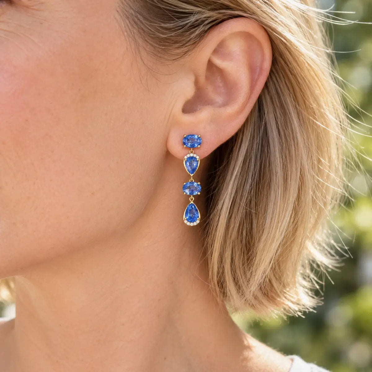 14k yellow gold Garden Melody 4.14 ctw Natural Blue Sapphire & Diamond Drop Earrings (One-of-a-Kind)