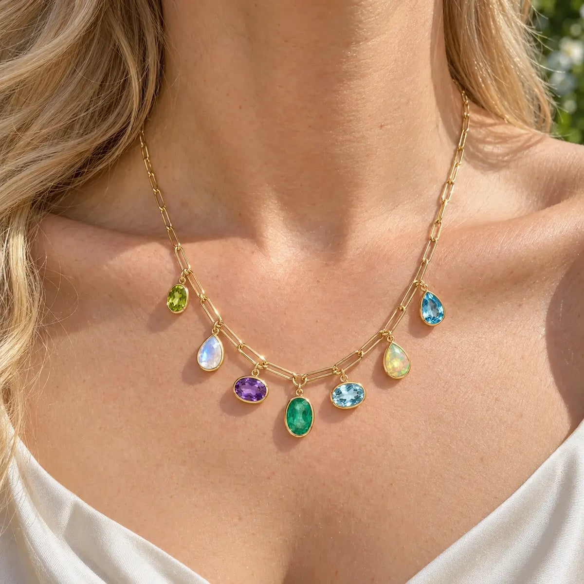 14k yellow gold Earthlight 8.40 ctw Natural Emerald & Aquamarine Seven-Gemstone Paperclip Chain Necklace (One-of-a-Kind)
